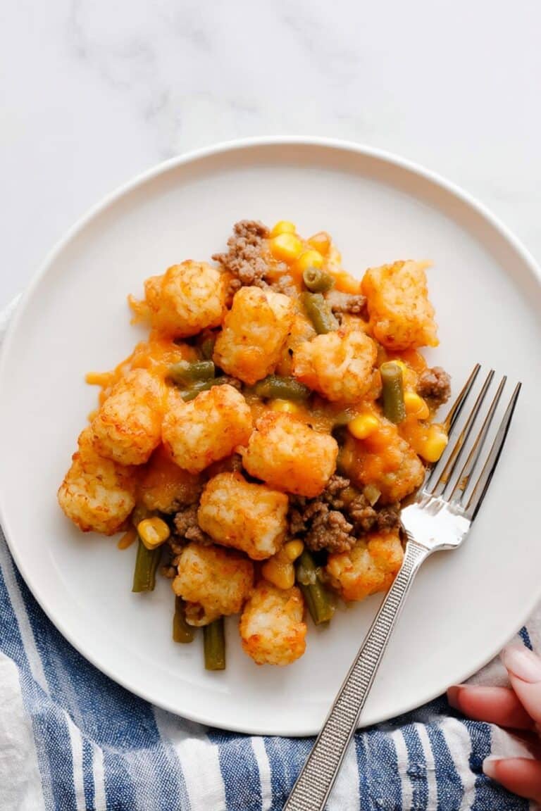 Vegan Tater Tot Casserole with Impossible Ground Beef and Veggie Topping Recipe