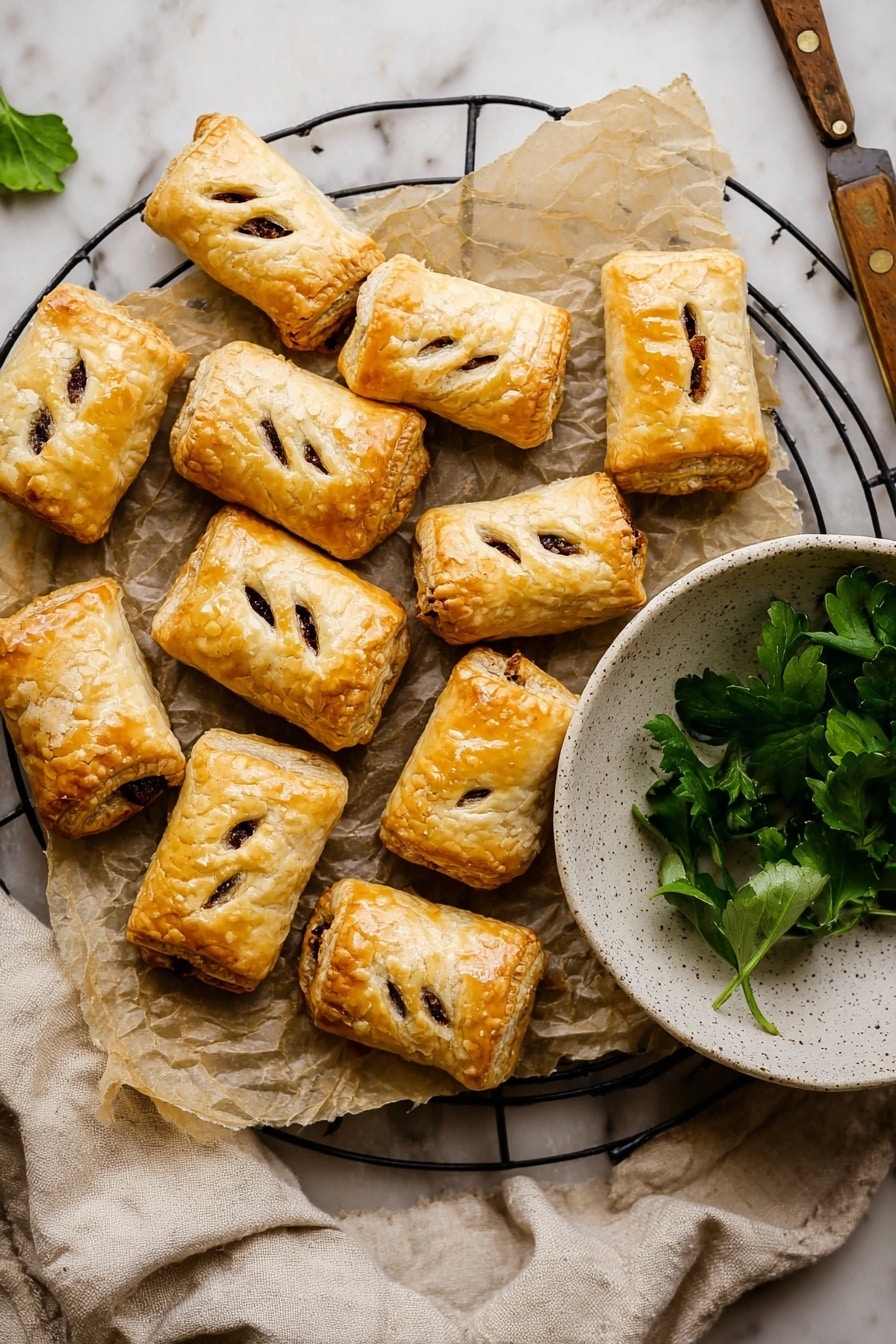 Vegan Sausage Rolls, vegan sausage rolls recipe, plant-based sausage rolls, vegan savory snacks, vegan puff pastry rolls - This image shows about fifteen small golden-brown puff pastries placed on crinkled parchment paper, arranged on a round black wire rack. Each pastry is rectangular with three small slits on top, revealing a dark filling inside. To the right of the pastries, there is a small white speckled bowl filled with fresh green parsley leaves. The background is a white marbled surface, and a wooden-handled knife is partially visible at the top right corner. A bit of a beige cloth is under the wire rack. Photo taken with an iphone --ar 2:3 --v 7