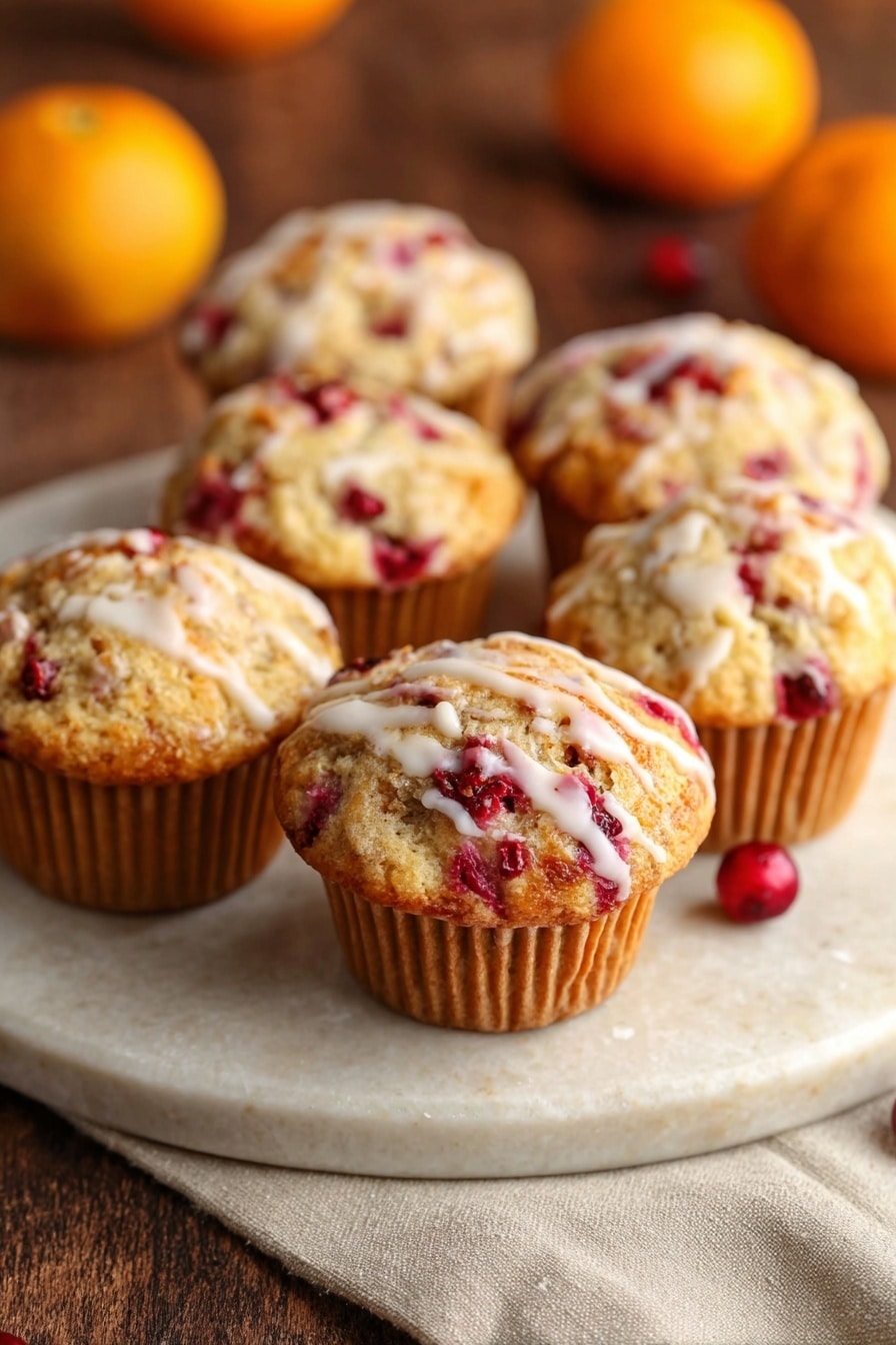 Cranberry Orange Muffins, Cranberry Orange Muffin Recipe, Easy Cranberry Muffins, Moist Fruit Muffins, Bright Breakfast Treats - A close-up view of several golden yellow muffins with a soft, crumbly texture, each baked in white paper liners. The muffins have bright red cranberry pieces visible on the surface and inside, with some darker berries mixed within the moist interior. One broken muffin sits in the foreground, showing its fluffy inside and juicy, colorful berry bits. The muffins rest on a smooth, white marbled surface with a few fresh whole cranberries scattered around them. Photo taken with an iphone --ar 2:3 --v 7