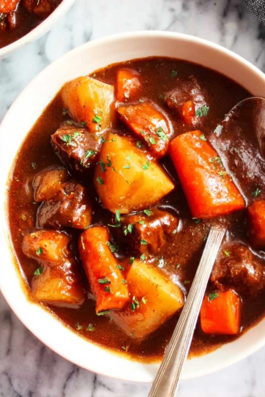 Vegan Irish Stew, Plant-Based Irish Stew, Vegan Irish Stew Recipe, Vegan Hearty Stew, Irish Stew without Meat - A white bowl filled with thick beef stew, showing chunks of tender brown beef, large pieces of orange carrots, and big white potato pieces all mixed in a rich dark brown gravy. Small green herbs are sprinkled on top, adding contrast. A spoon is resting in the bowl, and the bowl sits on a white marbled surface. photo taken with an iphone --ar 2:3 --v 7