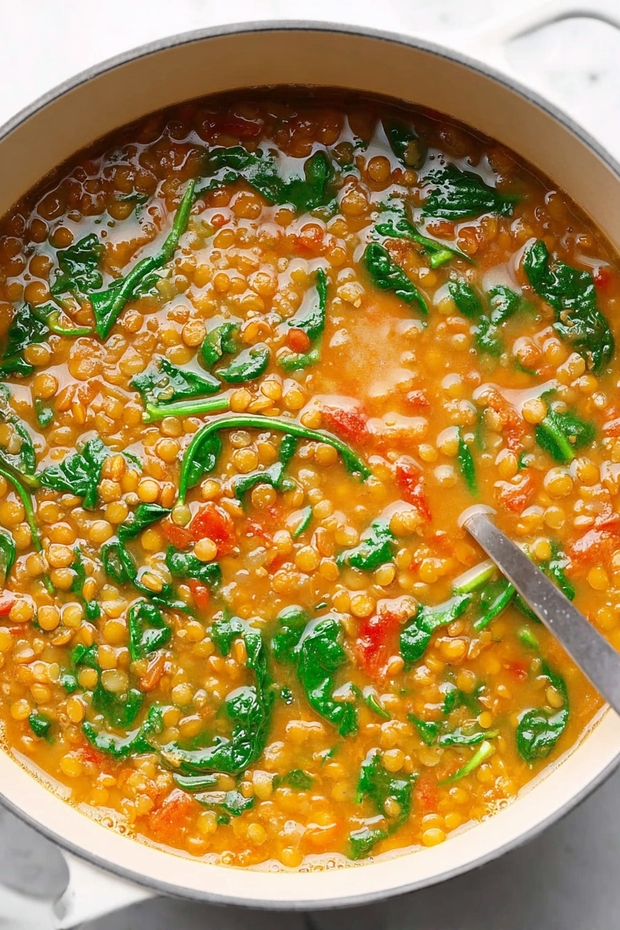 The Best Lentil Soup, hearty lentil soup recipe, easy lentil soup, healthy lentil soup, comforting lentil soup - A close-up view of a white pot filled with lentil soup, showing many small light brown lentils spread throughout a light orange broth. Bright green spinach leaves are scattered all over, adding color and texture. Small pieces of red tomatoes and orange carrot bits are mixed in, giving more color contrast. The broth looks smooth with some bubbles around the edges. A silver spoon is partially visible on the right side, placed inside the soup. The pot sits on a white marbled surface. Photo taken with an iphone --ar 2:3 --v 7