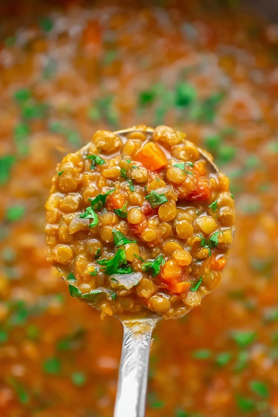 The Best Lentil Soup, hearty lentil soup recipe, easy lentil soup, healthy lentil soup, comforting lentil soup - A close-up of a ladle full of cooked lentils mixed with small pieces of orange carrots and finely chopped onions in a thick orange-brown broth, sprinkled with small green herb leaves, held above a white marbled surface with more lentil stew visible underneath, showing a soft, chunky texture with vibrant green, orange, and brown colors, photo taken with an iphone --ar 2:3 --v 7