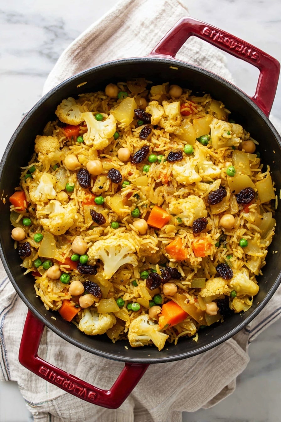 Easy Vegan Biryani, vegan Indian dinner, plant-based biryani, healthy vegan rice dish, quick vegan meal - A black round cast iron pot with red handles is full of a colorful mix of cooked rice and vegetables. The dish has three main layers: the bottom and middle layers are mixed with yellowish rice grains that look soft and fluffy, dotted with green peas, chunky light orange carrot slices, yellow potato pieces, cauliflower florets, and beige chickpeas. The top layer has more whole vegetables and dark raisins scattered around, adding texture and color contrast. The pot sits on a white marbled surface with a white and beige striped cloth beneath it. Photo taken with an iphone --ar 2:3 --v 7