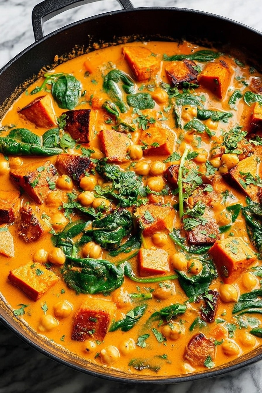 Butternut Squash Curry with Chickpeas, vegan butternut squash curry, easy vegetarian curry, healthy chickpea curry, comforting plant-based meals - This image shows a black skillet filled with a rich orange stew that has several layers and textures. The base is a creamy orange sauce with a smooth texture. Floating in the sauce are medium-sized chunks of roasted sweet potatoes that have browned edges, scattered chickpeas, and fresh green spinach leaves. There are also small chopped green herbs sprinkled across the top for garnish. The skillet sits on a white marbled surface. photo taken with an iphone --ar 2:3 --v 7
