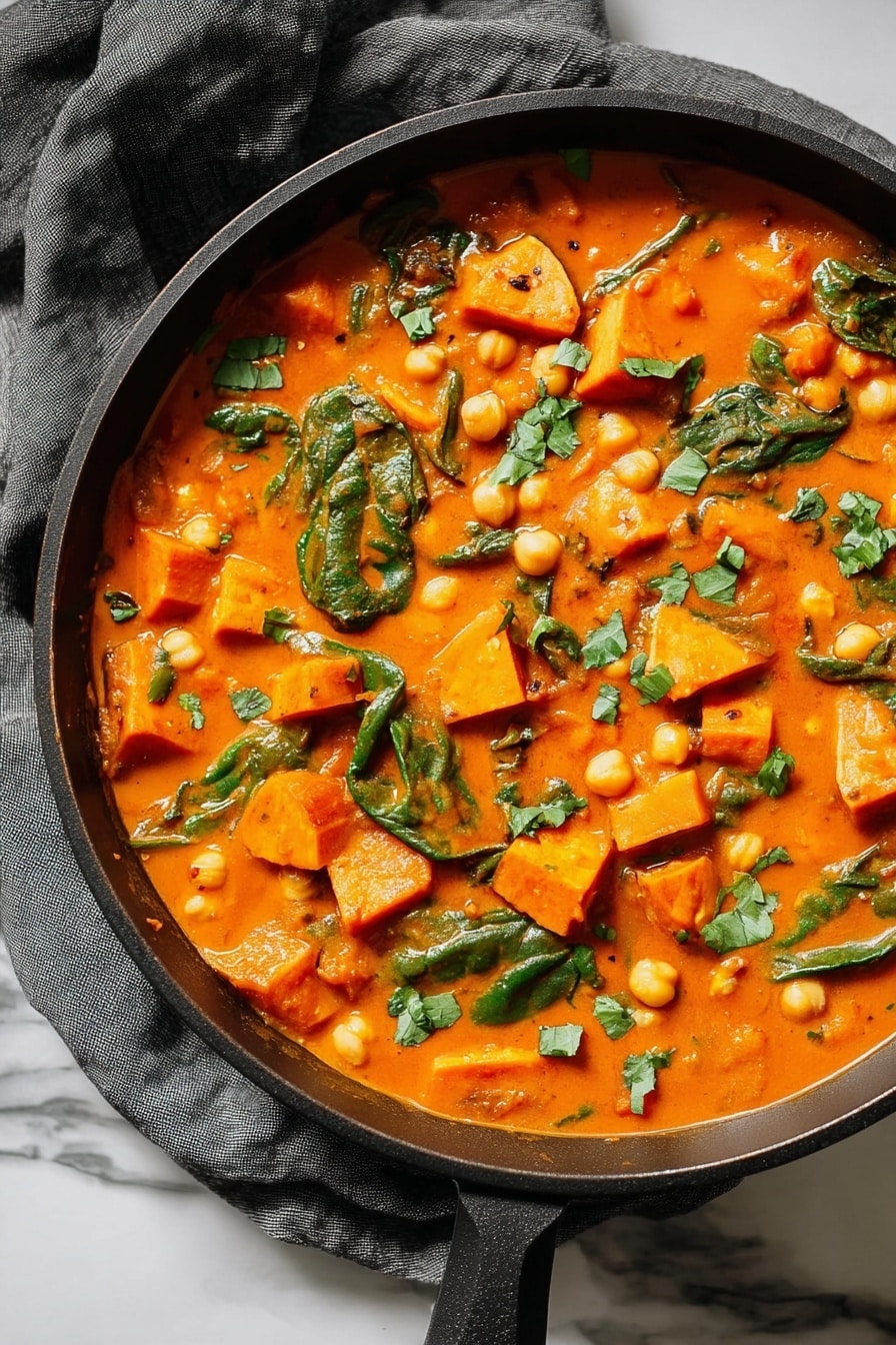 Butternut Squash Curry with Chickpeas, vegan butternut squash curry, easy vegetarian curry, healthy chickpea curry, comforting plant-based meals - The image shows a black skillet filled with a thick orange-red stew. The stew has large chunks of orange sweet potatoes, green spinach leaves, and light yellow chickpeas, all mixed evenly in the rich sauce. Small green herb pieces are scattered on top, adding a fresh touch. The skillet sits on a dark gray cloth over a white marbled surface. The colors are bright and warm, and the textures range from soft potato pieces to leafy spinach in the creamy stew. photo taken with an iphone --ar 2:3 --v 7