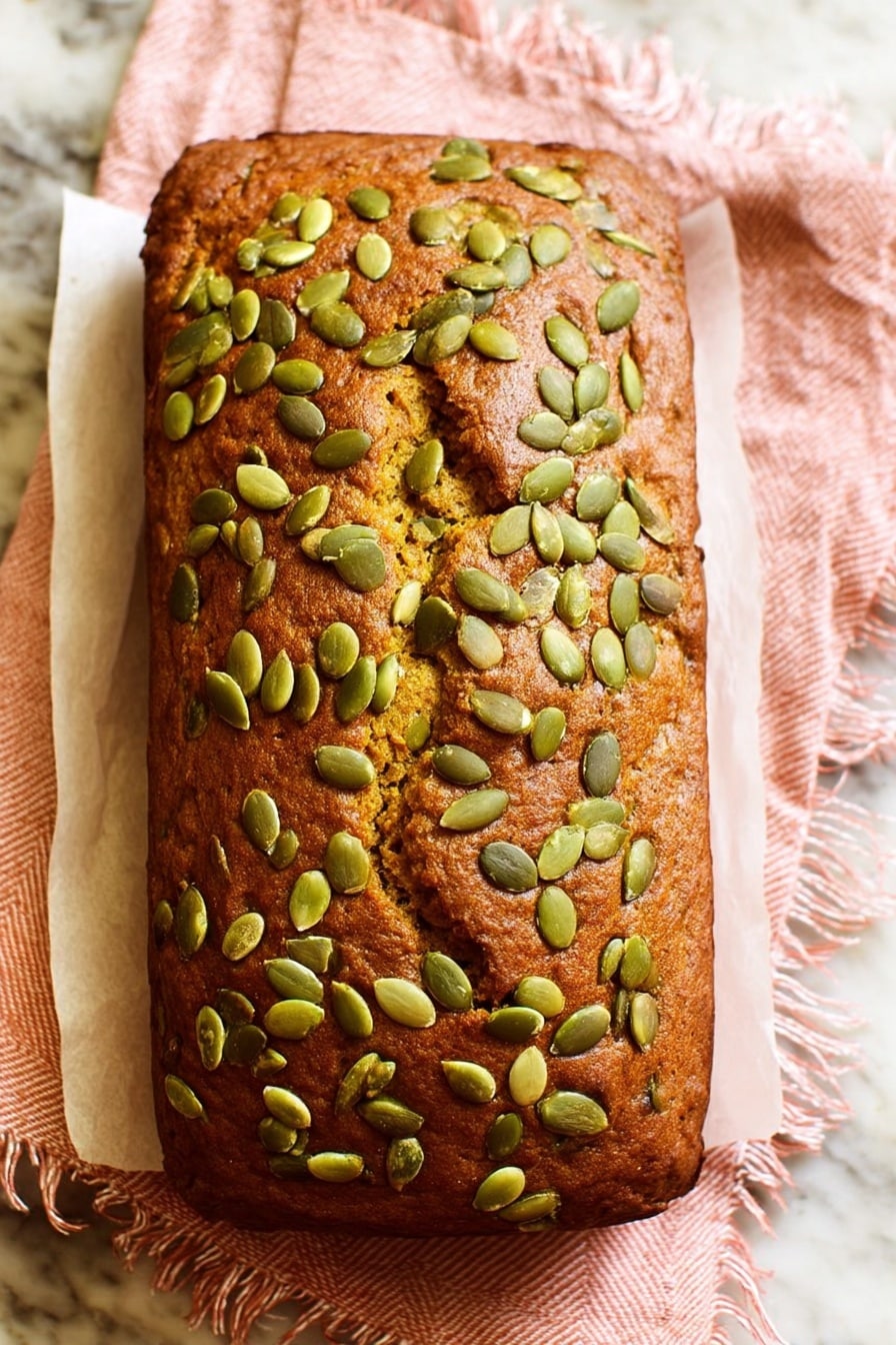 Vegan Pumpkin Bread, vegan pumpkin bread recipe, dairy-free pumpkin bread, egg-free pumpkin bread, plant-based pumpkin bread - A rectangular loaf with a golden-brown crust is topped with many green pumpkin seeds scattered unevenly across the surface. The bread shows a few cracks on top, giving it a rustic look. It sits on a white parchment paper over a light pink cloth with some fringe on the edges. The background is a white marbled texture. photo taken with an iphone --ar 2:3 --v 7