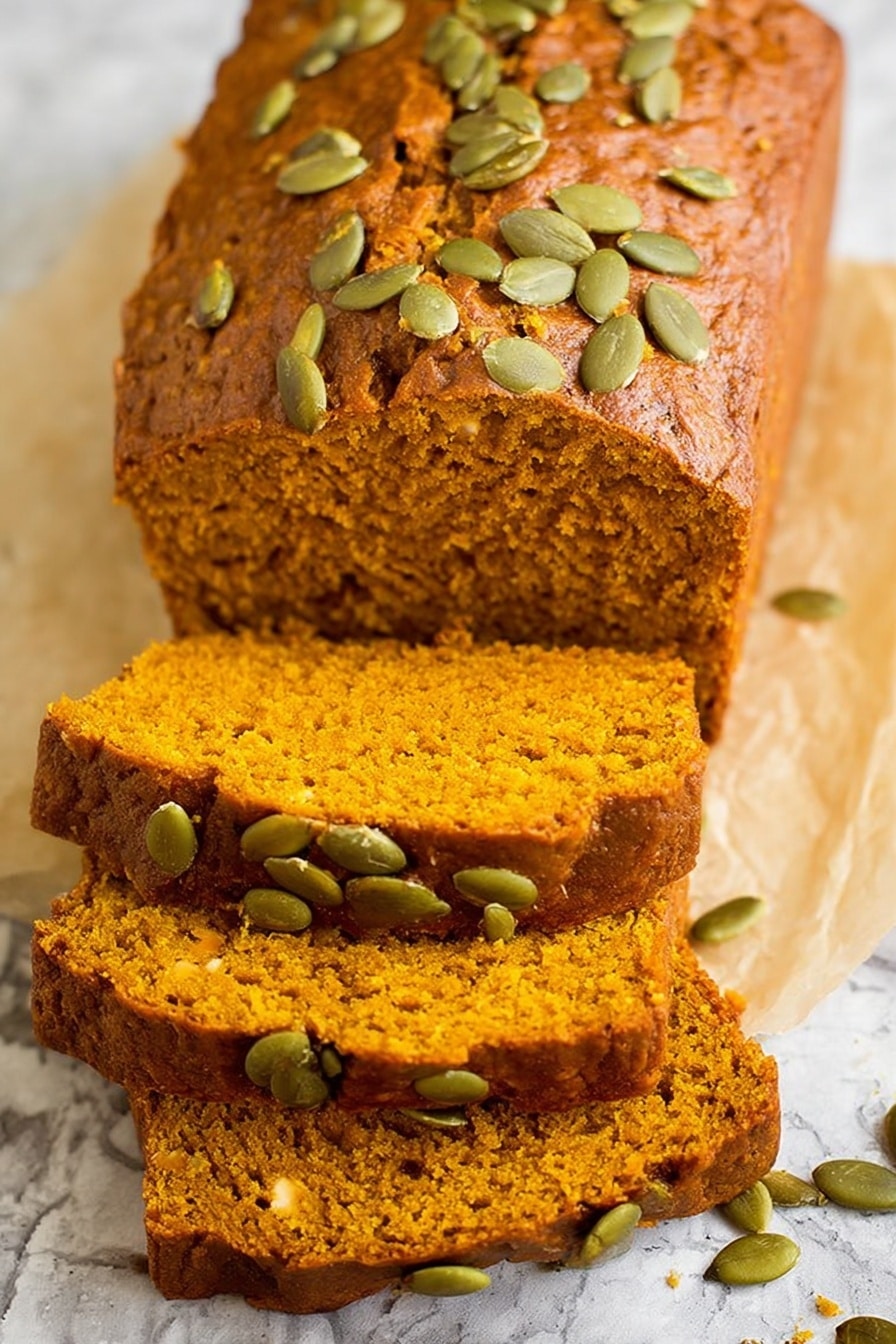 Vegan Pumpkin Bread, vegan pumpkin bread recipe, dairy-free pumpkin bread, egg-free pumpkin bread, plant-based pumpkin bread - This image shows a loaf of pumpkin bread with a soft, moist texture and a warm orange color. The loaf is topped with scattered green pumpkin seeds that add texture and contrast to the brown crust. It is sliced, showing multiple thick layers of the orange bread inside with some seeds along the edges. The bread sits on a light parchment paper with a few scattered seeds around it, and the whole scene is set against a white marbled surface. photo taken with an iphone --ar 2:3 --v 7
