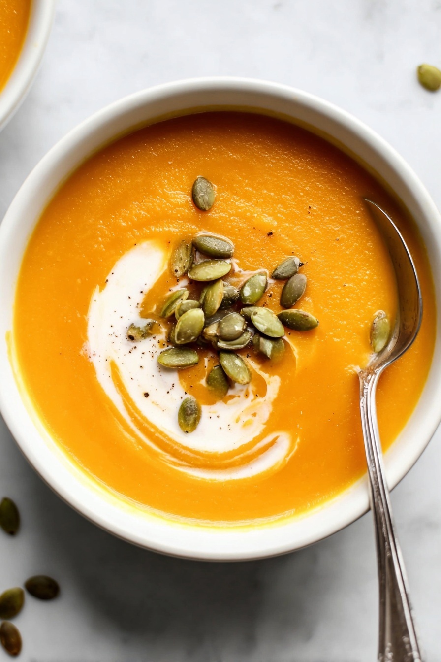 Vegan Butternut Squash Soup, healthy fall soup, creamy vegan soup, easy vegan soup recipe, cozy vegan squash soup - A smooth orange soup fills a white bowl placed on a white marbled surface, topped with green pumpkin seeds arranged in a small pile on one side. A swirl of white cream creates a soft spiral pattern on the soup's surface near the seeds. A silver spoon rests inside the bowl on the right side, its handle extending outwards. Photo taken with an iphone --ar 2:3 --v 7