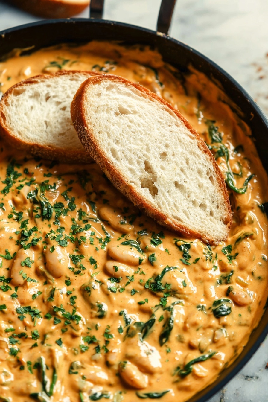 Creamy Sun Dried Tomato Butter Beans with Basil and Spinach, healthy vegetarian butter beans, vegan creamy beans recipe, quick plant-based dinner, dairy-free bean dish - The image shows a deep white pan filled with a thick, creamy sauce that is light orange in color, mixed with small white beans and fresh green herbs scattered throughout. The sauce has a smooth texture with visible swirls and chunks of greens, giving it a hearty look. Two slices of rustic white bread with a crusty edge and airy texture are placed on top of the sauce, partially dipped into it. The pan is set against a white marbled surface as background. Photo taken with an iphone --ar 2:3 --v 7