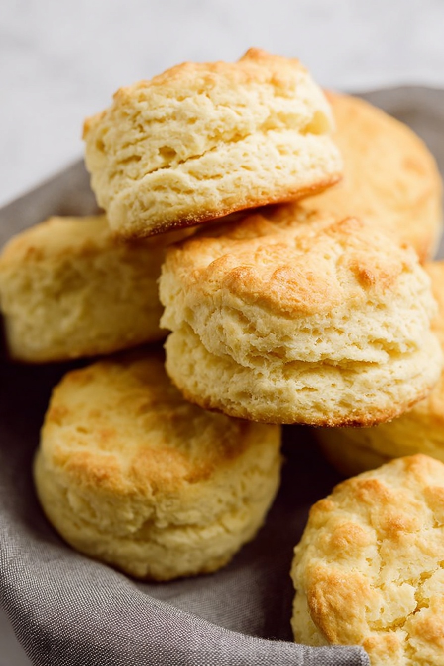 Southern-Style Vegan Buttermilk Biscuits, vegan biscuit recipe, plant-based flaky biscuits, dairy-free Southern biscuits, vegan breakfast biscuits - The image shows a close-up of several round biscuits placed close together on a soft gray cloth. Each biscuit has three visible layers with a light golden-brown color on top and a pale yellowish inside. The biscuits have a rough and crumbly texture with small cracks and uneven edges. They look soft and fresh, with a slight shine on the top layer. The background is a white marbled surface. photo taken with an iphone --ar 2:3 --v 7