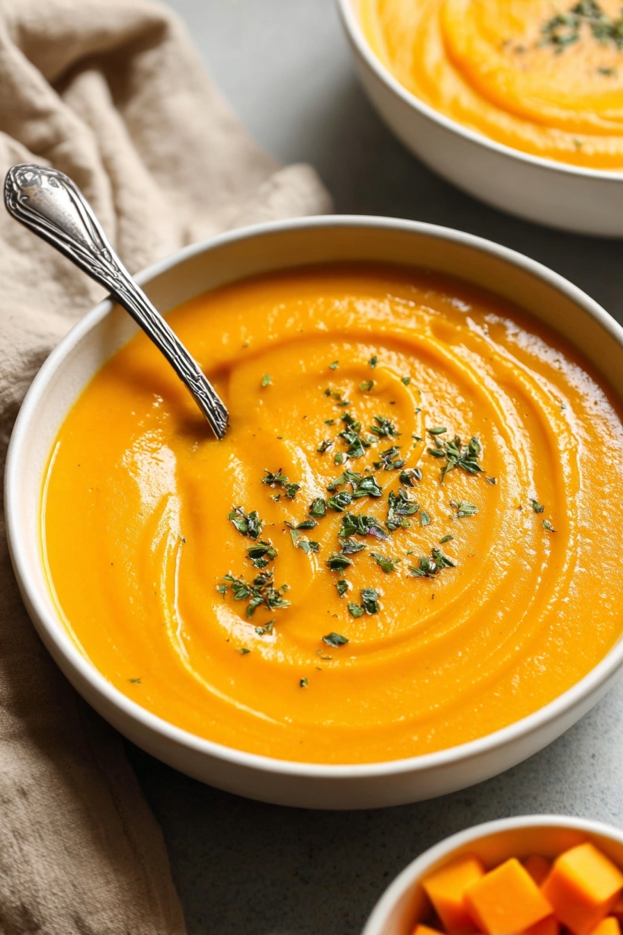 Butternut Squash and Sweet Potato Soup, fall vegetable soup, vegan squash soup, creamy winter squash soup, healthy butternut squash soup - A white bowl filled with smooth, bright orange soup swirled gently on the surface, sprinkled with small green herb pieces on top. A detailed silver spoon is placed inside the soup on the left side of the bowl. The bowl rests on a surface with a beige cloth in the background, and part of another white bowl with the same soup is seen in the upper right. At the bottom right corner, a small white bowl holds orange cubed pieces, touching the edge of the image. Photo taken with an iphone --ar 2:3 --v 7
