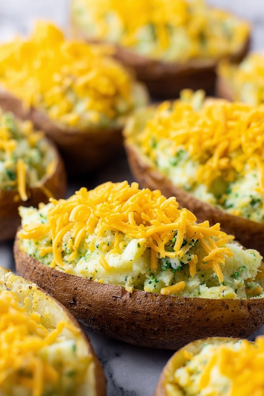 Vegan Cheesy Broccoli Twice Baked Potatoes, vegan stuffed potatoes, healthy vegan dinner, dairy-free cheesy potatoes, plant-based baked potato dish - The image shows multiple potato skins filled with a creamy mixture that looks like mashed potatoes with small green bits, likely broccoli, mixed in. Each potato skin is topped with bright orange shredded cheddar cheese, spread evenly over the filling. The potato skins have a brown, slightly rough outer layer, and the filling is light yellow with visible green flecks. The filled skins are close together and placed on a surface with a white marbled texture. The focus is on the front potato skin, with several others blurred in the background, creating depth in the image. The lighting is bright, making the colors vivid. Photo taken with an iphone --ar 2:3 --v 7