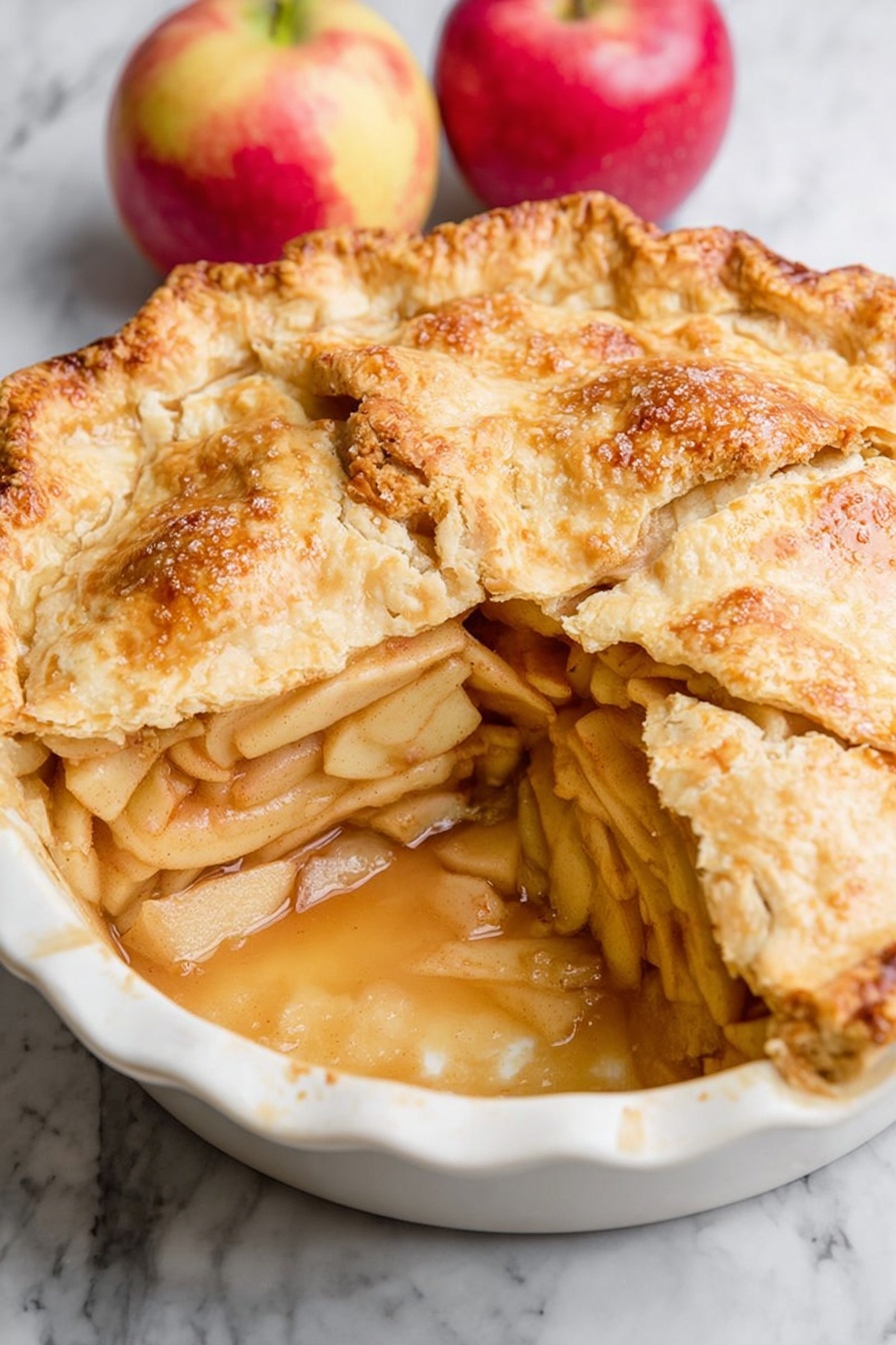 Vegan Apple Pie, Vegan Apple Pie Recipe, Plant-Based Apple Pie, Fall Vegan Desserts, Vegan Pie Crust - A white pie dish holds an apple pie with a golden brown, slightly rough textured crust sprinkled with coarse sugar on top, cut open to reveal a layer of soft, thinly sliced apples inside, surrounded by thick apple juice creating a glossy, light brown pool at the bottom. The white marbled surface under the dish has two red and yellow apples resting beside it, adding a fresh look. photo taken with an iphone --ar 2:3 --v 7