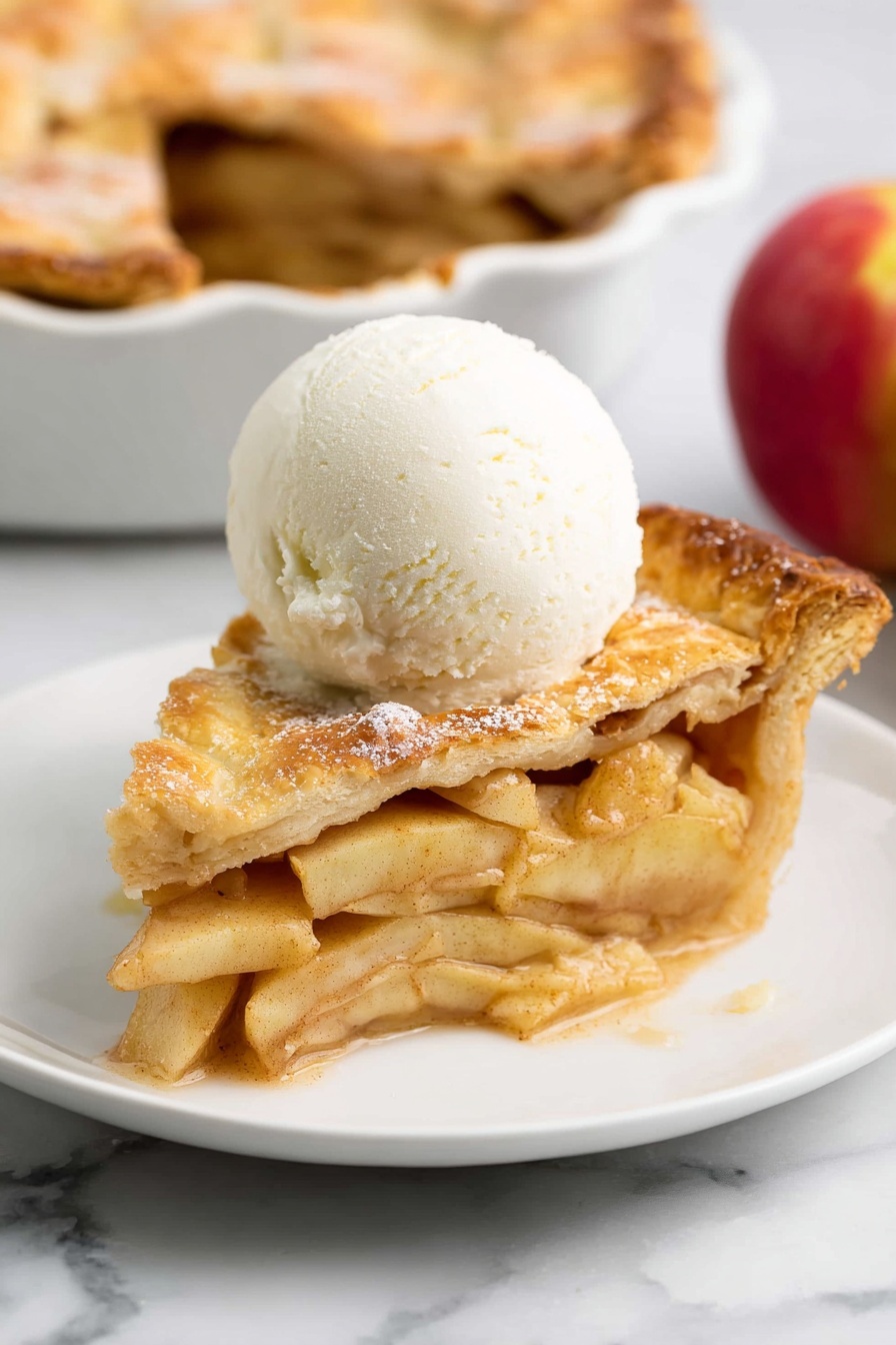Vegan Apple Pie, Vegan Apple Pie Recipe, Plant-Based Apple Pie, Fall Vegan Desserts, Vegan Pie Crust - A slice of apple pie sits on a white plate with a white marbled background. The pie has two layers of golden-brown crust, one on the bottom and one on top, with the top crust slightly cracked and sprinkled with sugar. Between the crust layers are thin slices of light yellow apples mixed with a brown cinnamon spice, visible in the thick filling. On top of the pie slice is a smooth, round scoop of white vanilla ice cream that starts to melt slightly around the edges. In the background, part of the full apple pie in a white dish and a red apple are faintly seen. Photo taken with an iphone --ar 2:3 --v 7