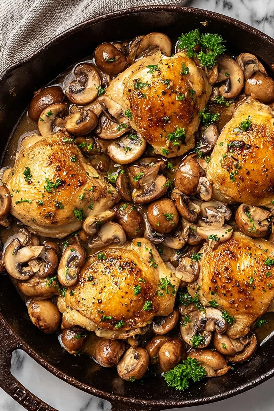 Chicken Marsala, Chicken Marsala recipe, easy chicken Marsala, how to make Chicken Marsala, restaurant-style Chicken Marsala - A black cast iron pan filled with four golden-brown cooked chicken pieces on top, each topped with thin, light brown mushroom slices scattered across and around them. The mushrooms have a soft, cooked texture with a few fresh green parsley sprigs sprinkled evenly over the dish. The pan sits on a white marbled surface with a white dish towel featuring black dotted stripes partially underneath. In the background, some fresh whole mushrooms and green herbs are visible. Photo taken with an iphone --ar 2:3 --v 7