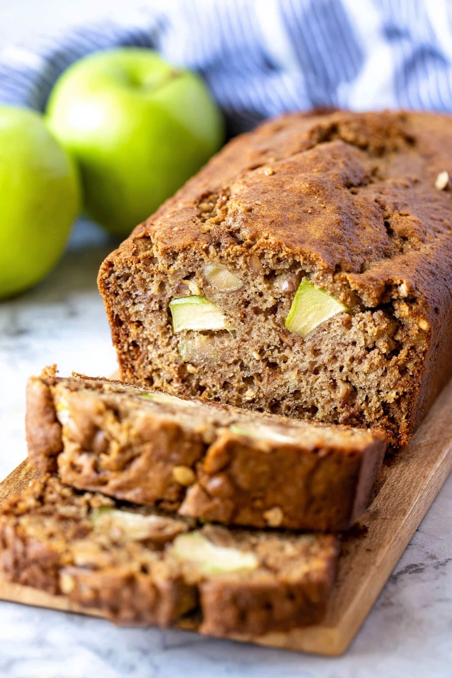 Moist Cinnamon Apple Bread, cinnamon apple bread, fall apple bread, cozy apple dessert, easy apple bread - A loaf of brown apple bread with a textured crust sits on a wooden board over a white marbled surface. The bread is sliced, showing two thick slices in front of the loaf with visible small chunks of light green apple inside. Behind the bread are shiny green apples slightly out of focus, and a blue and white striped cloth in the background adds soft detail. The bread's crust looks slightly rough with small cracks, and the inside is dense but soft with apple pieces spread throughout. photo taken with an iphone --ar 2:3 --v 7