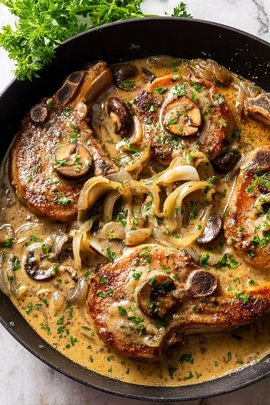 Easy Smothered Pork Chops, Pork Chops with Onion Mushroom Gravy, Hearty Pork Chop Dinner, Simple Pork Chop Recipe, Comfort Food Pork Chops - A black pan filled with four cooked pork chops, each with a browned and slightly crispy surface, partially covered by a creamy light brown sauce. On top and around the chops are light-colored cooked onion strips and small brown mushroom slices. The dish is sprinkled with small pieces of bright green chopped herbs. The pan is set on a white marbled surface with a sprig of fresh green parsley in the background. Photo taken with an iphone --ar 2:3 --v 7
