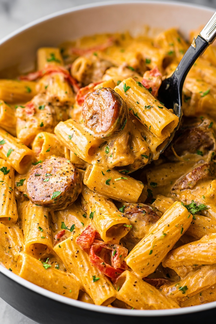 One Pot Creamy Cajun Sausage Pasta, Cajun sausage pasta, creamy Cajun pasta, one pot Cajun dinner, easy Cajun sausage recipe - The image shows a close-up of a large white bowl filled with creamy rigatoni pasta mixed with slices of browned sausage and small pieces of red bell pepper. The sauce is smooth and orange, coating each piece of pasta evenly. The dish is sprinkled with green herbs and black pepper, adding specks of color on top. A black serving spoon with a silver handle scoops some pasta from the bowl, holding a few rigatoni pieces, sausage slices, and red pepper in the center. The background is a white marbled texture. photo taken with an iphone --ar 2:3 --v 7