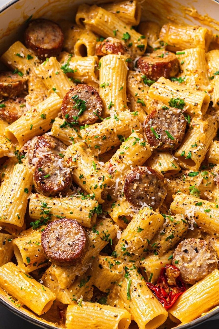 One Pot Creamy Cajun Sausage Pasta, Cajun sausage pasta, creamy Cajun pasta, one pot Cajun dinner, easy Cajun sausage recipe - The image shows a close-up view of rigatoni pasta mixed with creamy orange sauce and sliced browned sausage pieces scattered throughout. The pasta tubes are coated well with sauce and sprinkled with finely chopped green herbs and black pepper flakes, adding a contrast of green and dark spots on the yellow pasta. The sausage slices have a browned, slightly crispy texture with a rich, cooked meat color. There are small bits of red, likely roasted red peppers or tomatoes, adding another layer of color and texture to the dish. The pasta is in a white pot with part of the white marbled surface visible around the pot edge. photo taken with an iphone --ar 2:3 --v 7