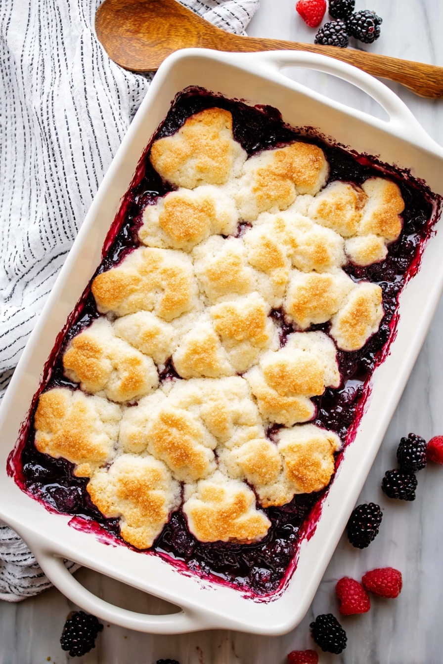 Old Fashioned Blackberry Cobbler, Blackberry Cobbler, Summer Berry Desserts, Homemade Berry Pie, Juicy Blackberry Dessert - The image shows a white rectangular baking dish filled with a fruit cobbler. The bottom layer is a deep purple-black berry filling with a shiny, thick texture, visible along the edges where it has bubbled up. The top layer is a golden-brown biscuit crust with irregular, soft, and fluffy pieces covering the fruit underneath. The crust has a light toasted look, with patches of darker golden brown. The baking dish is placed on a white marbled surface, next to a wooden spoon and scattered fresh berries. A white cloth with thin black stripes is partly visible behind the dish. Photo taken with an iphone --ar 2:3 --v 7