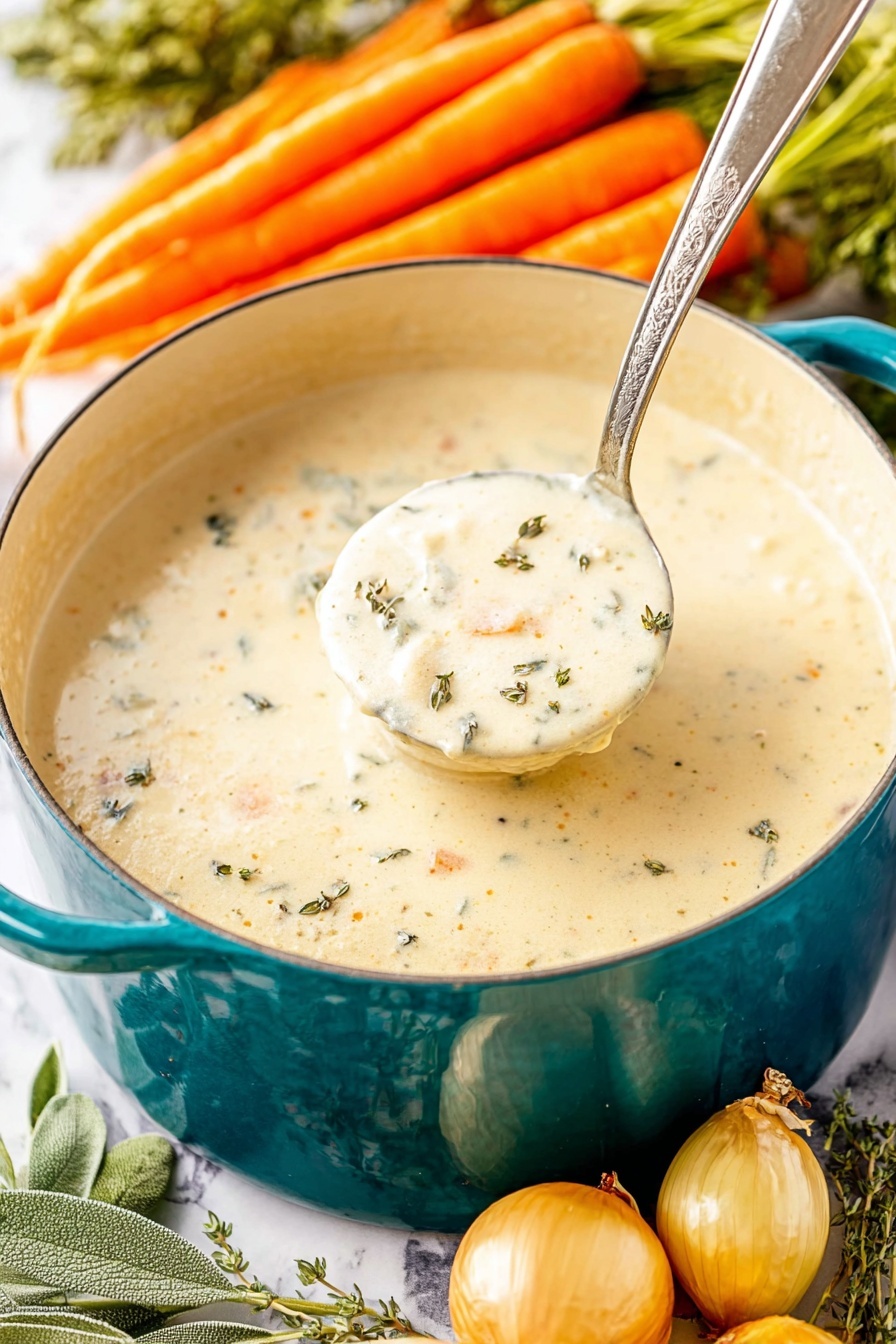 Creamy Chicken Soup, comfort food recipes, hearty chicken soup, easy creamy soup, cozy winter soups - A close-up view of a thick creamy soup in a deep teal pot with two handles, showing one scoop raised by a metal ladle in the center. The soup is off-white with small bits of vegetable pieces and herbs spread evenly, giving a lightly speckled look. The pot sits on a white marbled surface surrounded by small yellow onions and fresh sage leaves on the left and a bunch of orange carrots with green tops in the blurry background above. Photo taken with an iphone --ar 2:3 --v 7