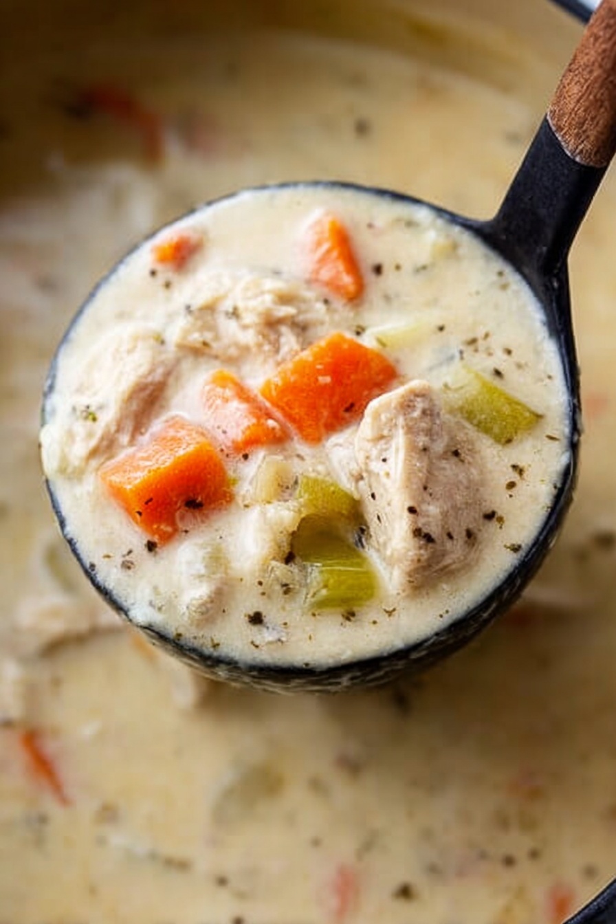 Creamy Chicken Soup, comfort food recipes, hearty chicken soup, easy creamy soup, cozy winter soups - A close-up of a black ladle holding thick creamy soup filled with chunky pieces of orange carrots, pale green celery, and light beige tender meat. The soup has a smooth, light cream base with small black pepper specks scattered throughout. The background features a white marbled texture with some of the soup visible in a pot. The texture looks rich and velvety. photo taken with an iphone --ar 2:3 --v 7