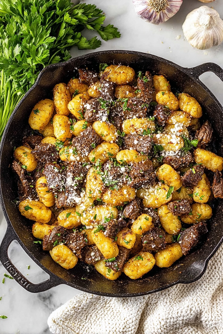 Steak Bites with Gnocchi and Parmesan, steak bites recipes, easy steak and gnocchi dishes, comforting dinner ideas, simple gourmet steak meals - A large black cast iron pan is filled with golden brown gnocchi and tender dark brown beef pieces mixed evenly. The gnocchi pieces have a crispy texture with some darker roasted spots, while the beef chunks are seared with a rough surface. The dish is sprinkled with grated white cheese and small chopped green herbs. The pan is placed on a white marbled surface, with fresh green parsley in the top left corner and two whole garlic heads at the bottom right. A white textured cloth is partly visible behind the pan near the top right corner. Photo taken with an iphone --ar 2:3 --v 7