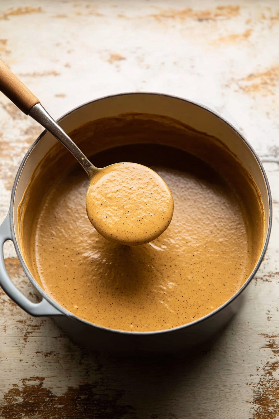 Roasted Cauliflower Soup with Cannellini Beans and Lemon, cauliflower soup recipe, creamy vegetable soup, healthy vegan soup, lemon cauliflower soup - A large gray pot filled with a smooth, thick, light brown sauce that has tiny dark specks dispersed evenly throughout. The sauce coats the sides of the pot, showing a slightly glossy texture. A silver ladle with a wooden handle lifts a rounded scoop of the sauce, showing its dense and creamy consistency. The pot rests on a rustic white marbled surface with some worn and darker patches. photo taken with an iphone --ar 2:3 --v 7