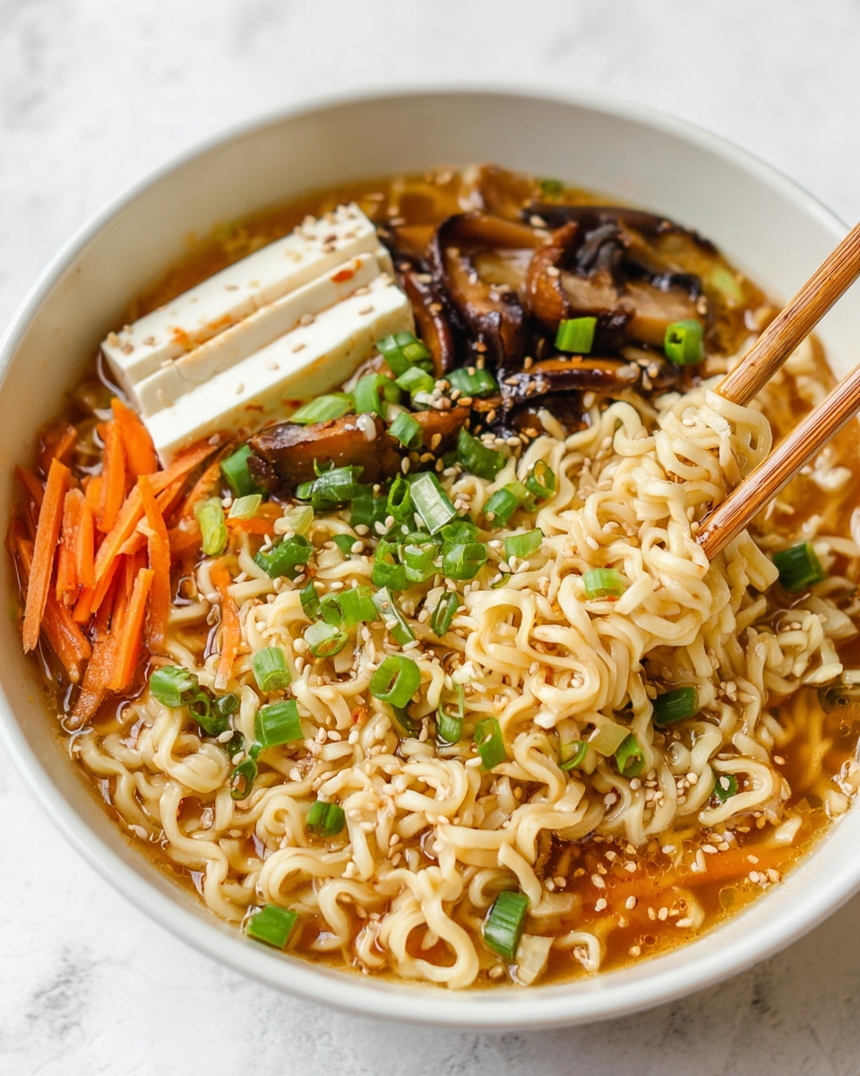 Easy Vegan Ramen, vegan ramen recipe, plant-based ramen, quick vegan soup, healthy vegan noodle bowl - A white bowl filled with light brown broth and curly light yellow noodles. The noodles form the main layer, with thin orange carrot strips and pieces of dark brown mushrooms sitting on top on one side. Scattered green chopped spring onions and white sesame seeds are sprinkled over the noodles. A drizzle of red sauce adds brightness, with some picked up by a pair of light brown wooden chopsticks resting on the right edge of the bowl. The bowl sits on a white marbled surface. photo taken with an iphone --ar 2:3 --v 7
