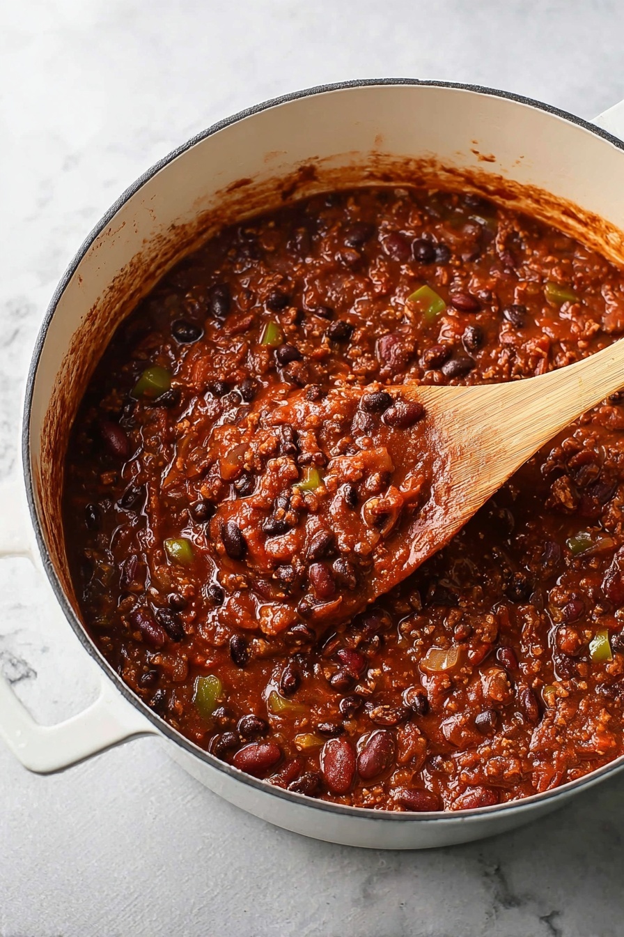 Lentil Chili, hearty vegetarian chili, smoky lentil stew, plant-based chili recipe, vegan comfort food - Inside a white pot filled with thick chili, the dish shows a rich reddish-brown sauce with visible textures of black beans, chopped onions, and small green pepper pieces. The chunky chili has layers of tender beans and bits of cooked vegetables all mixed in the thick sauce. A wooden spoon dips into the chili, picking up a scoop full, highlighting the moist and hearty mixture. The pot sits on a white marbled surface, and some sauce marks are visible near the pot’s rim. photo taken with an iphone --ar 2:3 --v 7