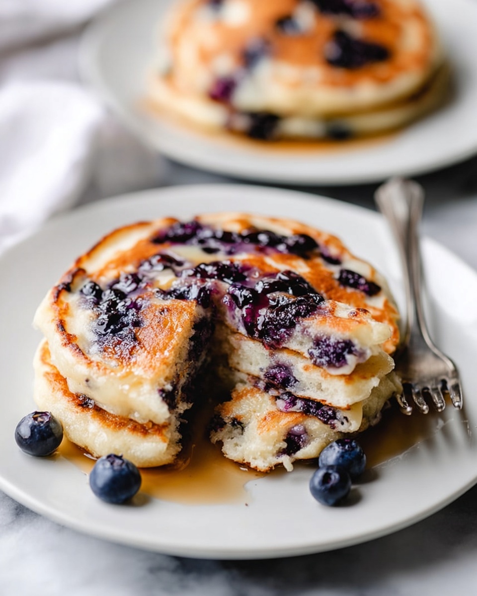 Vegan Blueberry Pancakes, vegan breakfast recipes, fluffy blueberry pancakes, plant-based pancake recipe, easy vegan breakfast - A white plate holds three thick, round pancakes stacked slightly overlapping. The pancakes have a light golden-brown color with dark purple blueberry spots spread across each one. The surface shows a moist, soft texture with some melted butter glistening on top. A silver fork with an ornate handle rests on the left side of the plate. The plate sits on a white marbled surface, and some loose blueberries are scattered nearby. In the blurred background, another white plate with more blueberry pancakes is visible. photo taken with an iphone --ar 2:3 --v 7