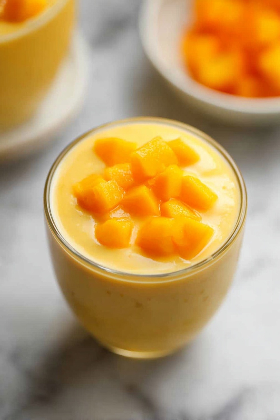 Creamy Mango Smoothie, tropical mango smoothies, healthy mango drink, dairy-free mango smoothie, quick fruit smoothies - A small clear glass filled with a creamy yellow mango pudding topped with small bright orange mango cubes on one side of the surface. The pudding has a smooth, slightly thick texture and fills the glass close to the top. The glass sits on a white marbled surface, and the focus is on the top part of the glass with blurred background elements that include another bowl and some fruit. photo taken with an iphone --ar 2:3 --v 7