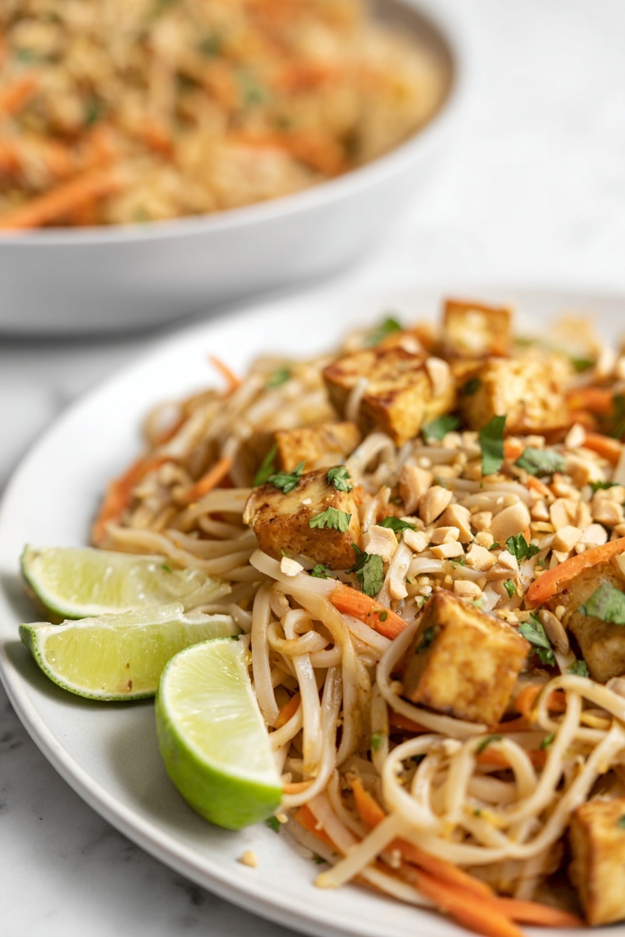 Vegan Pad Thai, vegan Thai noodles, plant-based Pad Thai, vegan noodle stir-fry, vegan Thai recipes - This image shows a close-up of a dish with three main layers: at the bottom are light tan thin noodles mixed with thin orange carrot strips, then on top are small golden brown tofu cubes scattered throughout, with a few chopped green herbs and crushed peanuts sprinkled all over. In the background, there is a blurred white bowl filled with the same noodles and tofu. On the side of the plate, there are two lime wedges—one green and one light yellow—standing upright. The whole scene is set on a white marbled surface. photo taken with an iphone --ar 2:3 --v 7