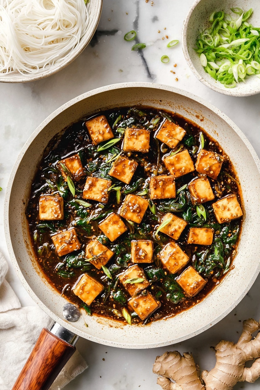 Quick One Pan Tofu Stir Fry, tofu stir fry, easy vegetarian dinner, healthy tofu recipe, quick weeknight dinner - A light gray pan with a wooden handle holds small square pieces of tofu in a dark, shiny sauce mixed with bright green spinach leaves scattered evenly throughout. The tofu pieces are golden brown and smooth, sitting partly submerged in the thick sauce. Above the pan, to the right, a white bowl filled with white noodles is partially visible, and near the top of the image, a small white bowl with chopped green onions rests on a white marbled surface. At the bottom right corner, fresh ginger root pieces are placed on the same white marbled texture. The overall setting is bright with soft lighting, emphasizing the rich colors and glossy textures of the dish. photo taken with an iphone --ar 2:3 --v 7