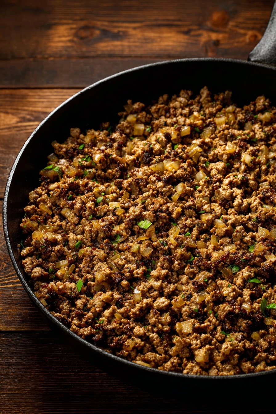 Tofu Lettuce Wraps, healthy tofu wraps, quick vegetarian dinner, crunchy tofu lettuce wraps, easy Asian lettuce wraps - A close-up view of a large black skillet filled with a cooked mixture of ground meat and small diced brown vegetables and green herbs, evenly spread out inside it, showing crumbly texture with some moist parts. The skillet sits on a wooden surface with dark brown tones. The food has a warm, rich brown color with hints of lighter beige and green pieces scattered evenly. Photo taken with an iphone --ar 2:3 --v 7
