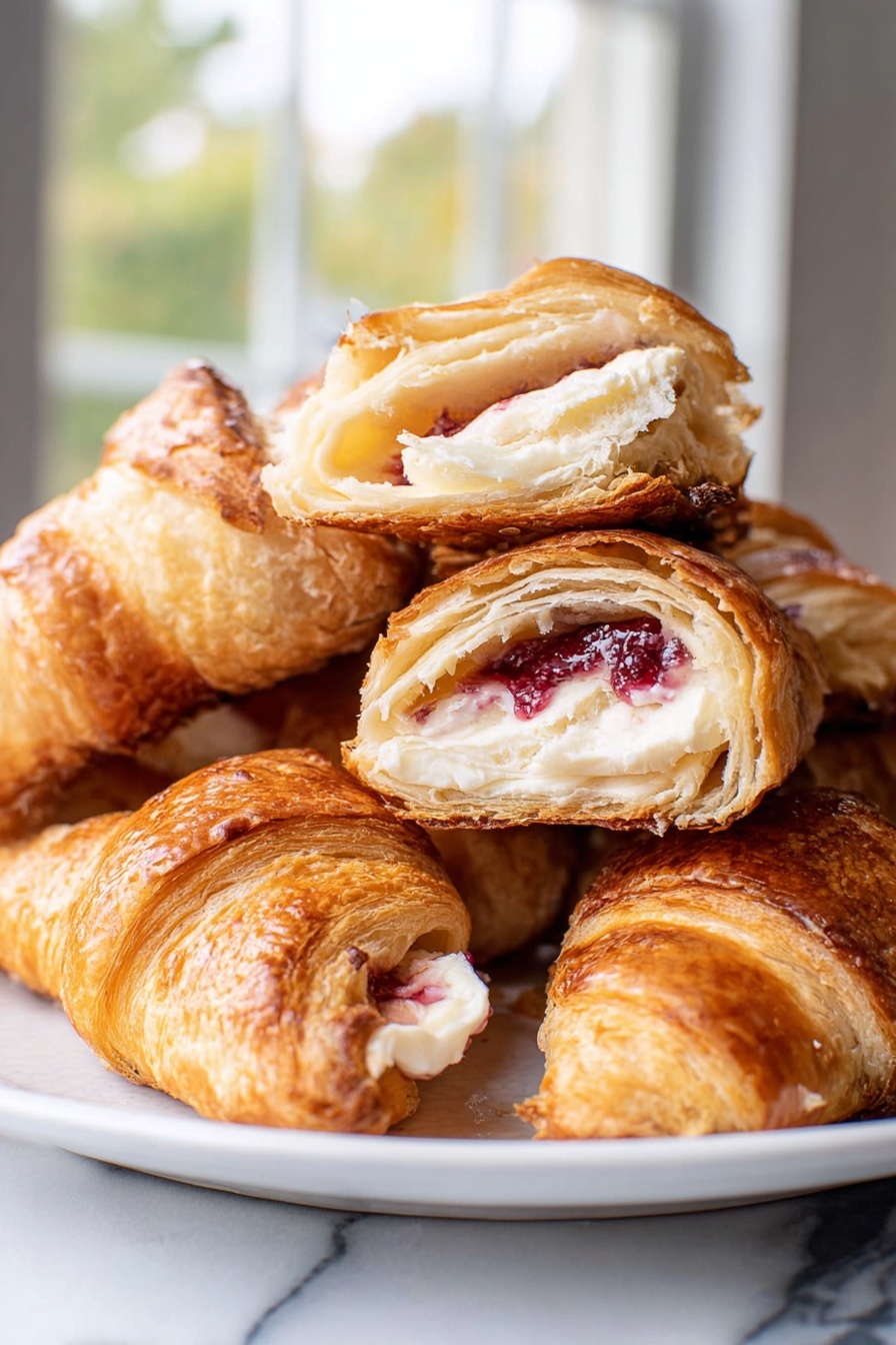 Cranberry Cheesecake Rolls, cranberry cheesecake dessert, easy cranberry pastry, holiday brunch ideas, cream cheese crescent rolls - The image shows several croissant pieces on a white plate, with layers of golden brown, flaky pastry on the outside. The croissants are filled with a creamy white cheese layer and a bit of red jam that peeks through the pastry folds. The flaky layers of the croissant can be seen in a cross-section, with the outer crust slightly shiny and crisp. The croissants are stacked together, some whole and some sliced, showing the soft, light, and airy inside with creamy and jam filling in the middle. The background is a soft blurry scene beyond a window, and the surface beneath the plate is a white marbled texture. Photo taken with an iphone --ar 2:3 --v 7