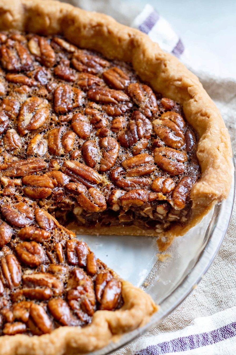 Virginia Peanut Pie, Peanut Pie Recipe, Classic Peanut Pie, Easy Peanut Pie, Southern Peanut Pie - A close-up view of a pecan pie on a white marbled surface shows a golden brown crust with crimped edges forming the pie shell. Inside, a filling full of whole, shiny pecans in a rich, glossy caramel-colored layer is visible. The top layer is made of densely packed pecans, toasted to a warm brown color with some darker spots. Part of the pie is sliced, revealing the pie's filling held together beneath the pecans. The pie is on a clear glass pie dish resting on a beige cloth with white and purple stripes. Photo taken with an iphone --ar 2:3 --v 7