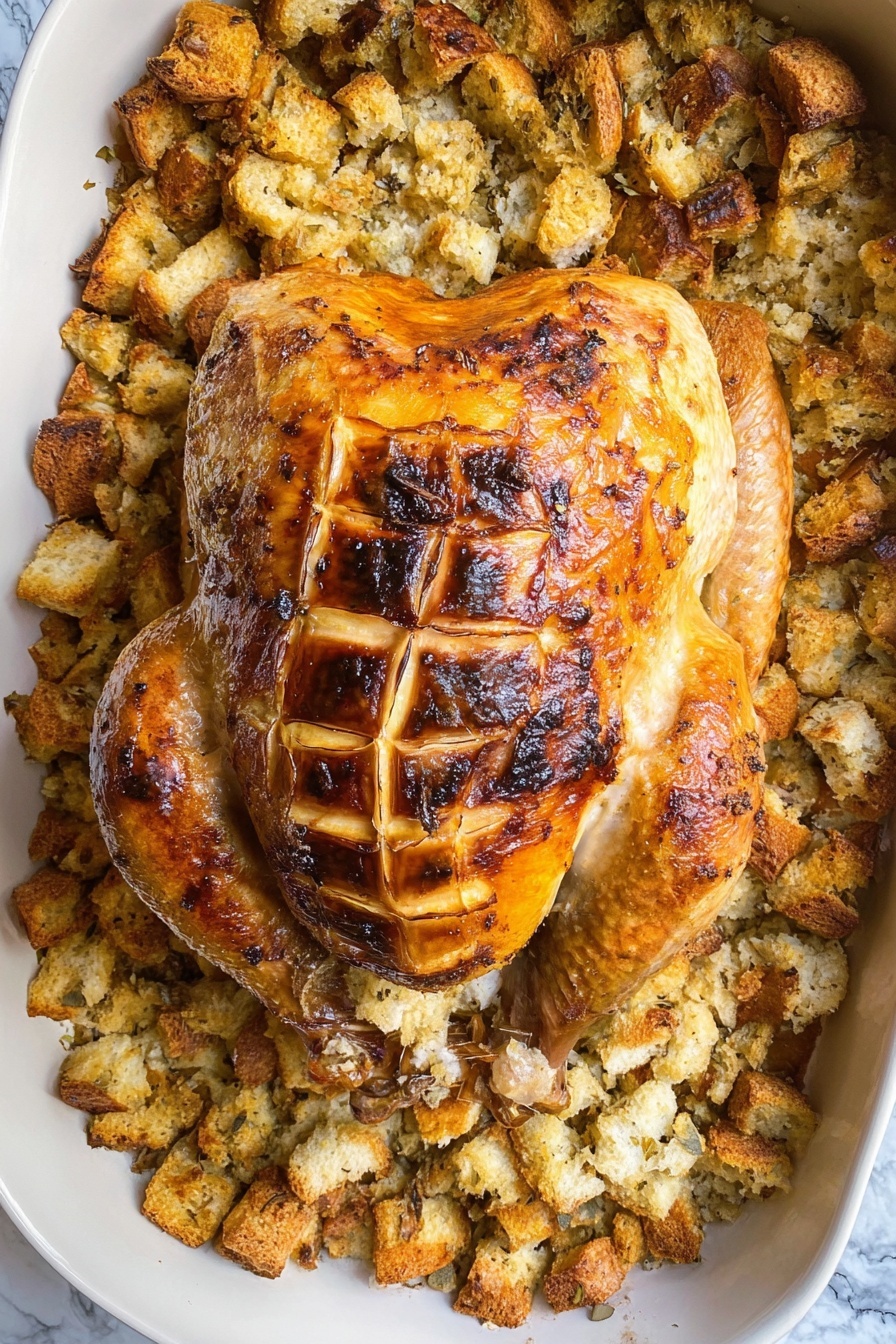 Sheet Pan Turkey and Stuffing Bake, easy holiday dinner, turkey skillet meal, one-pan turkey casserole, cozy weeknight dinner - A baked whole turkey is placed in the center of a white baking dish, with its skin crispy and golden brown with some darker brown spots, showing a grid pattern of shallow cuts on the top. Surrounding the turkey is a thick layer of stuffing made of chunky bread pieces that are golden and slightly browned with some darker bits and a rough, uneven texture. The stuffing fills the entire space around the turkey, touching the edges of the dish. The background underneath the dish has a white marbled texture. Photo taken with an iphone --ar 2:3 --v 7