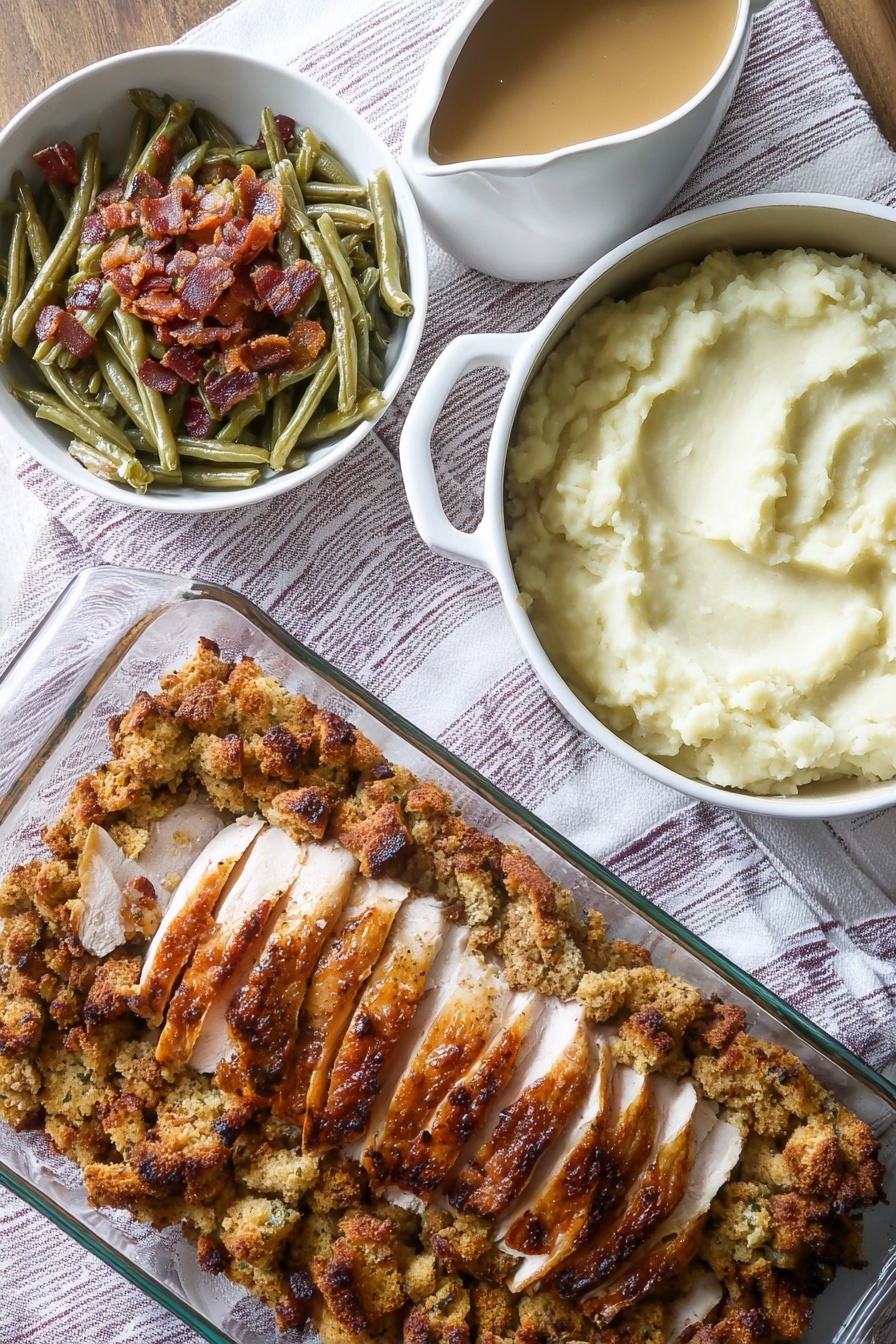 Sheet Pan Turkey and Stuffing Bake, easy holiday dinner, turkey skillet meal, one-pan turkey casserole, cozy weeknight dinner - A white plate holds a meal with four main parts. The first layer is creamy white mashed potatoes placed on the left side of the plate with a smooth texture. On top to the right, there is a portion of green beans that are dark green, soft, and mixed with small browned bits. Below the green beans are chunks of golden brown stuffing with a crispy, rough texture. Above the stuffing and mashed potatoes are two thick slices of roasted white meat with golden-brown edges, covered by a smooth, light brown sauce that drips slightly over the sides. The plate sits on a white marbled surface. Photo taken with an iphone --ar 2:3 --v 7