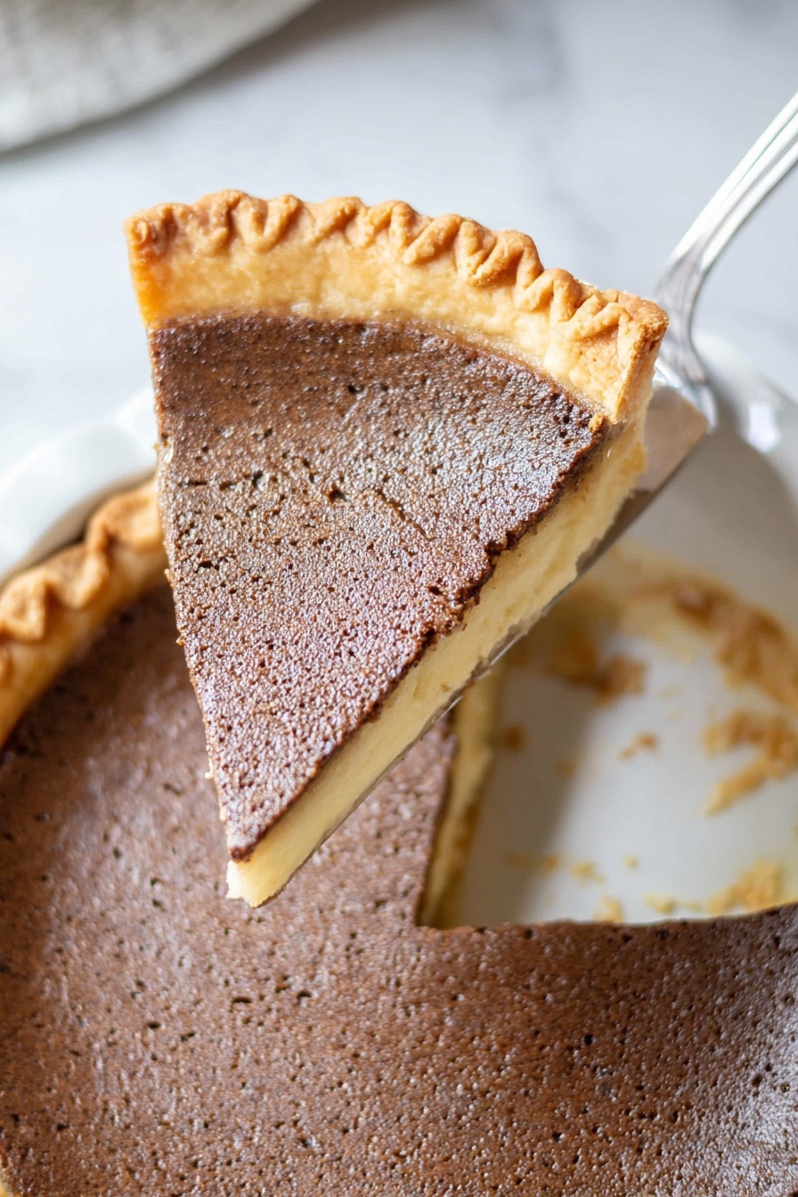 Bob Andy Pie, Bob Andy Pie recipe, custard pie recipes, cozy dessert ideas, easy custard pies - The image shows a slice of pie with three visible layers: a light golden brown flaky crust on the outer edge, a dark brown smooth but slightly porous custard-like filling in the middle, and a thin crust base under the filling. The slice is held above the remaining pie on a silver pie server, revealing the same dark brown custard filling and crust around the edges in a white pie dish. The pie and slice sit on a white marbled surface. Photo taken with an iphone --ar 2:3 --v 7