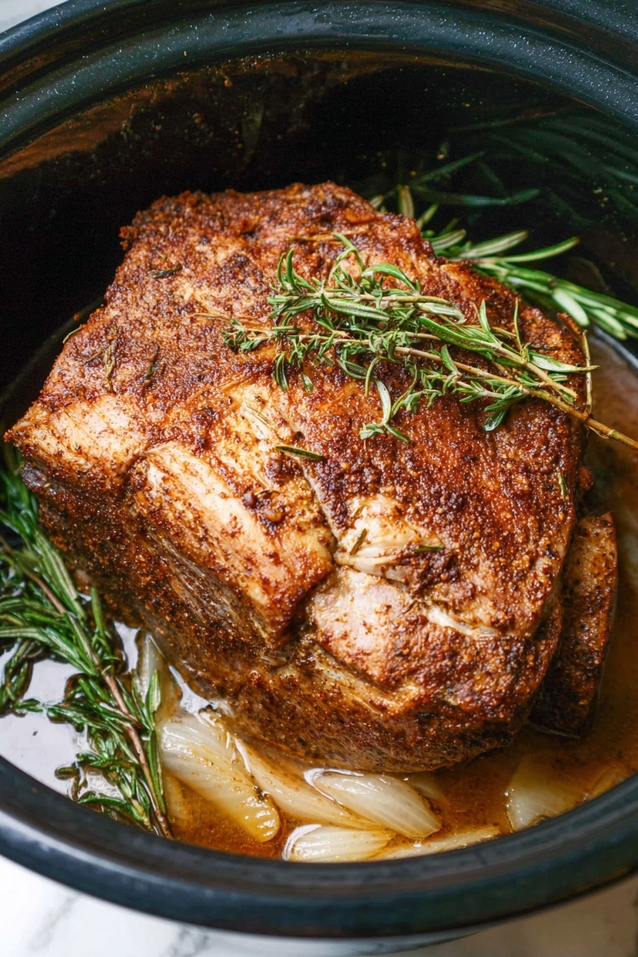 Slow Cooker Herb-Seasoned Turkey Breast, juicy turkey recipe, easy holiday turkey, tender turkey meat, herb-infused turkey dinner - A sliced roasted piece of white meat with a brown outer crust sits on a bed of cooked onion slices, halved roasted garlic, and fresh sprigs of rosemary and thyme inside a dark pan. The meat is thick, with a juicy, firm inside that contrasts with its slightly crispy browned edge. The onions look soft and lightly browned, while the garlic reveals golden cloves. The green herbs add a fresh touch around the meat. The background surface is white marble. photo taken with an iphone --ar 2:3 --v 7