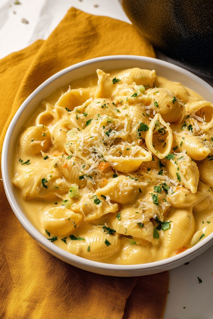 Mac & Cheese Soup, cheesy comfort food, creamy soup recipes, hearty cheese soup, easy cheesy soup - This image shows a white bowl full of creamy pasta with shell-shaped noodles covered in a thick, smooth yellow cheese sauce. Small chopped green herbs are sprinkled on top, along with a light dusting of grated cheese. Pieces of green and orange vegetables are mixed into the sauce, adding little pops of color. The bowl sits on a soft mustard yellow cloth, and part of a dark pot is visible in the upper right corner. The background is a white marbled surface. photo taken with an iphone --ar 2:3 --v 7