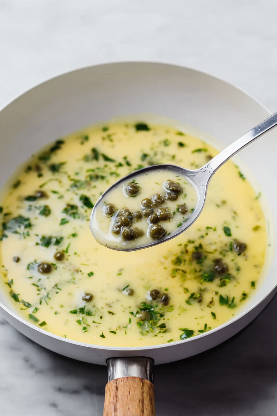 Lemon Caper Sauce, lemon caper sauce recipe, easy lemon caper sauce, fish lemon caper sauce, quick lemon sauce for chicken - A white bowl filled with a creamy light yellow soup, dotted with small round green capers and sprinkled with fresh chopped green herbs. A silver spoon lifts a portion of the soup, showing the smooth texture with capers and small bits of herbs. The bowl rests on a white marbled surface with a blurred light background. Photo taken with an iphone --ar 2:3 --v 7