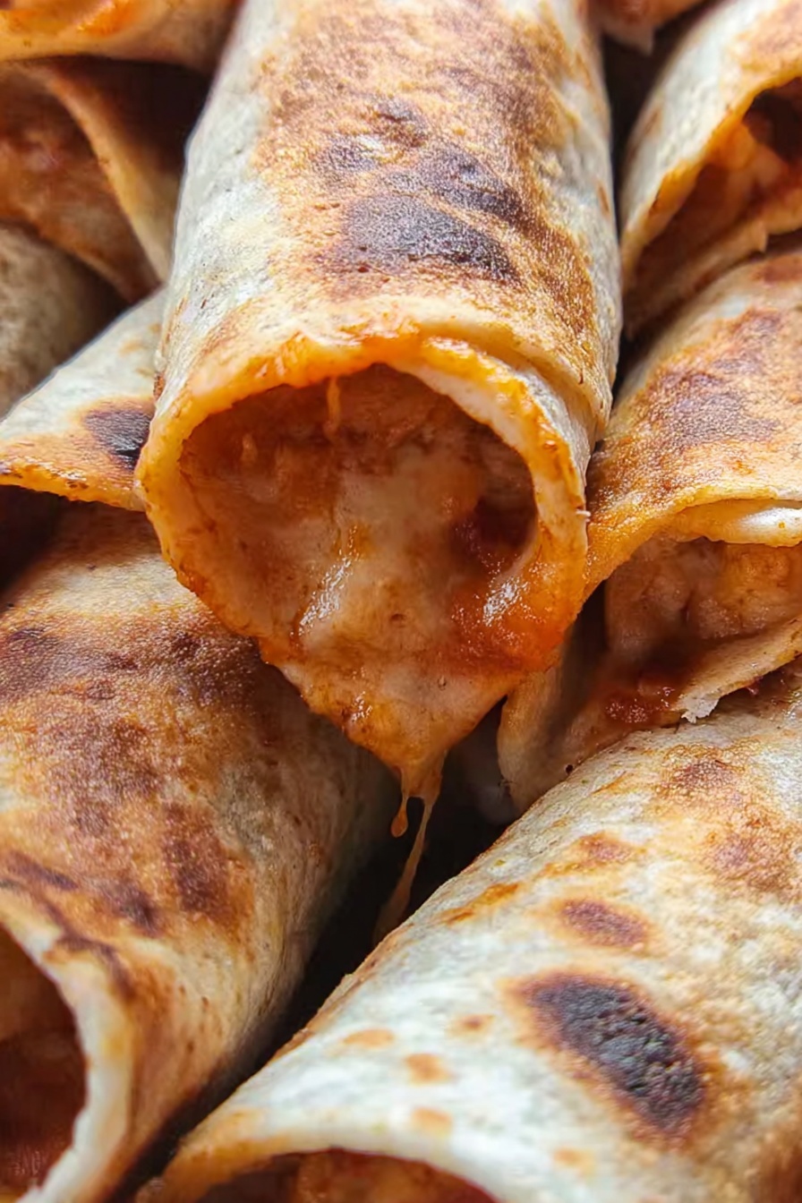 Air Fryer Pizza Rolls, easy pizza snacks, crispy homemade pizza bites, quick air fryer appetizers, cheesy snack ideas - The image shows a close-up of rolled tortillas filled with melted cheese and sauce. Each tortilla is light brown with some dark spots from cooking, and the cheese inside is orange with a stringy texture stretching slightly out of one tortilla. The tortillas are packed close together, and the background is out of focus. photo taken with an iphone --ar 2:3 --v 7
