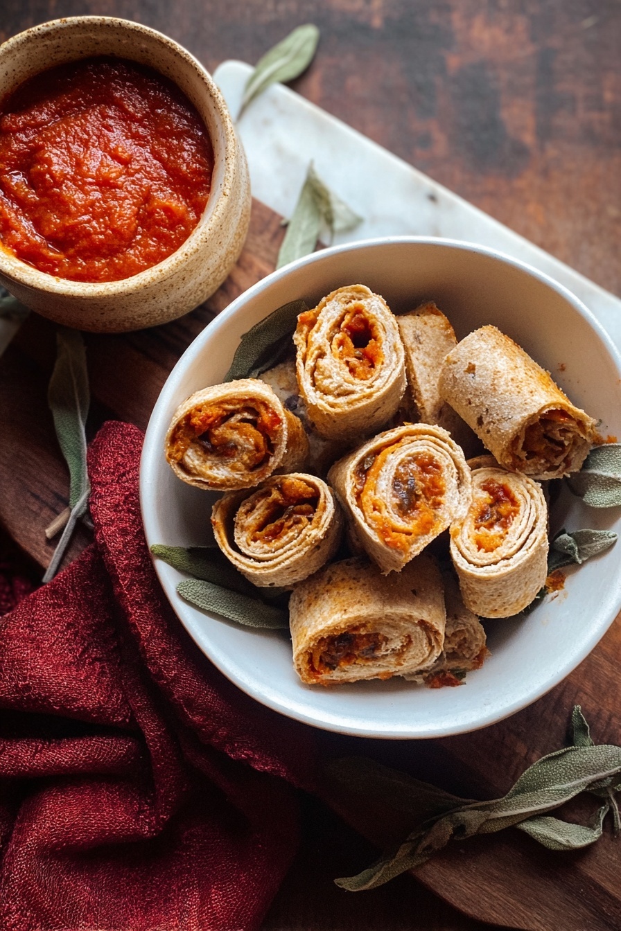 Air Fryer Pizza Rolls, easy pizza snacks, crispy homemade pizza bites, quick air fryer appetizers, cheesy snack ideas - A white bowl filled with small rolled snacks that are sliced into bite-size pieces, showing layers of light brown outer wraps with visible orange-red and creamy fillings inside. Some dried green leaves are scattered around the rolls inside the bowl. Next to the bowl is a small beige cup holding thick red sauce with a textured surface. A deep red cloth is placed near the cup on a dark wooden surface that is replaced by a white marbled texture. photo taken with an iphone --ar 2:3 --v 7
