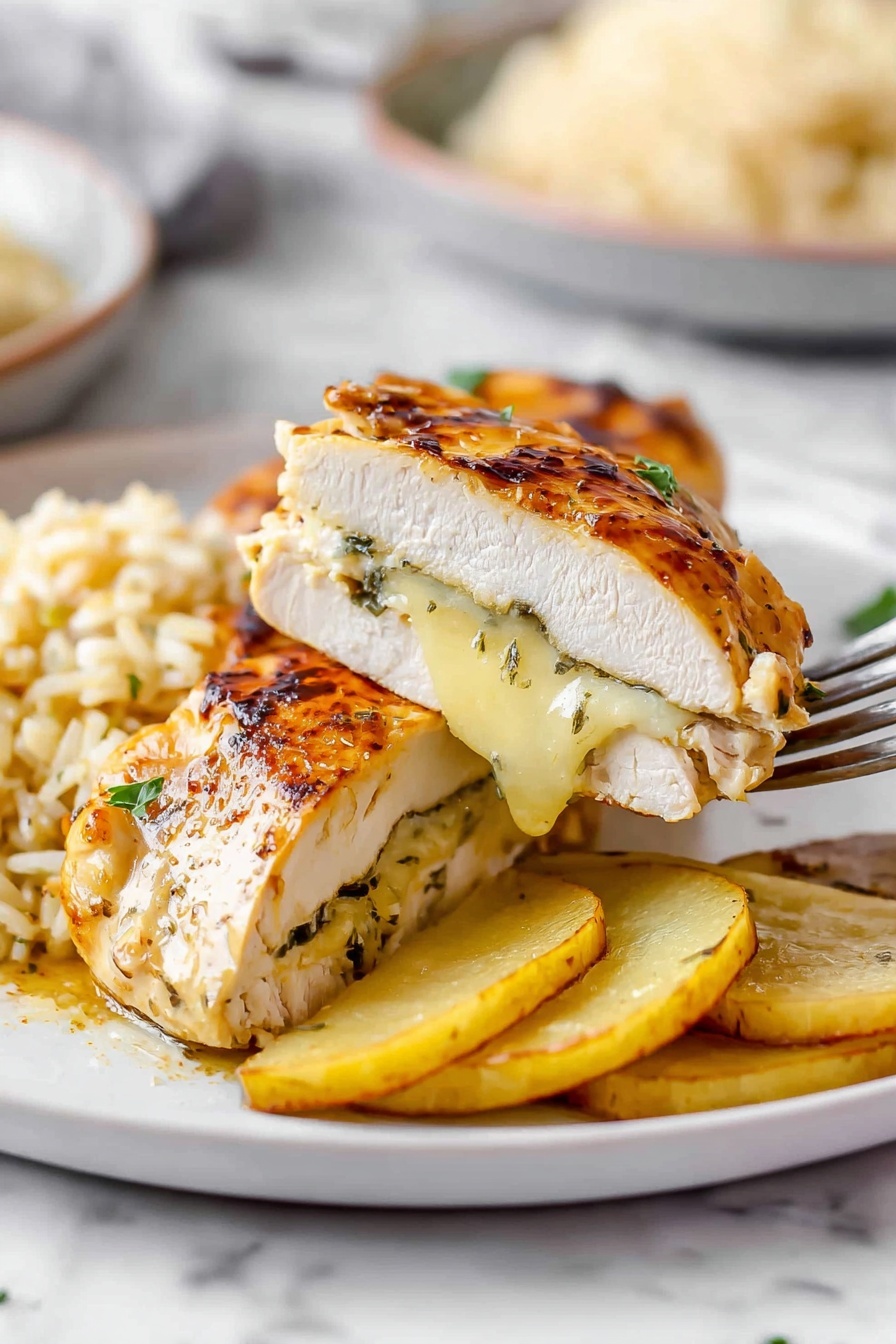 Apple and Brie Stuffed Chicken, stuffed chicken breast with apple and brie, easy stuffed chicken recipes, elegant chicken dinner ideas, quick gourmet chicken - The image shows a close-up of three golden browned chicken pieces cooked in a creamy yellow sauce inside a black pan. Each chicken piece is stuffed with visible layers of green spinach and pale yellow sliced mushrooms, making the filling peep out from the sides. The sauce has a smooth, rich texture and pools around the chicken at the bottom of the pan. The pan sits on a wooden board, and the background has a white marbled texture with a sliced green apple and some herbs blurred in the distance. The warm light highlights the shiny glaze on the chicken, making it look tender and flavorful photo taken with an iphone --ar 2:3 --v 7