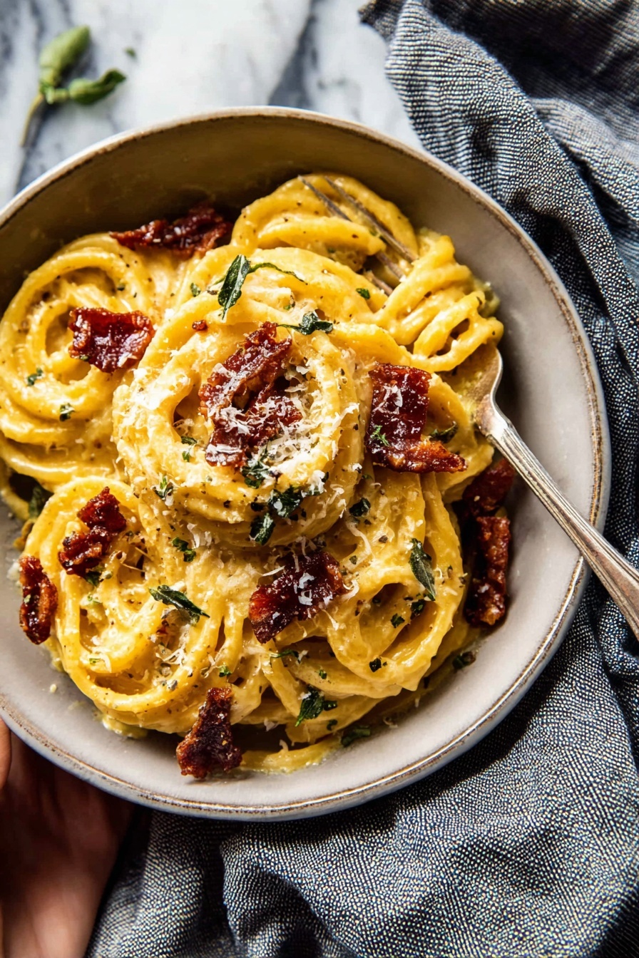 Creamy Roasted Garlic Butternut Squash Pasta, roasted garlic butternut squash pasta, fall vegetarian pasta, cozy butternut squash pasta, creamy vegan pasta - A white bowl filled with thick, creamy yellow pasta spirals coated in a rich sauce, topped with dark reddish-brown crispy pieces and small green herb leaves scattered over the top. The pasta is piled high in the middle with sauce clinging to each spiral, and grated white cheese sprinkled on top. A silver fork rests on the edge of the bowl, and a woman's hand is holding the bowl on a white marbled surface with a soft gray and blue striped cloth nearby. Photo taken with an iphone --ar 2:3 --v 7