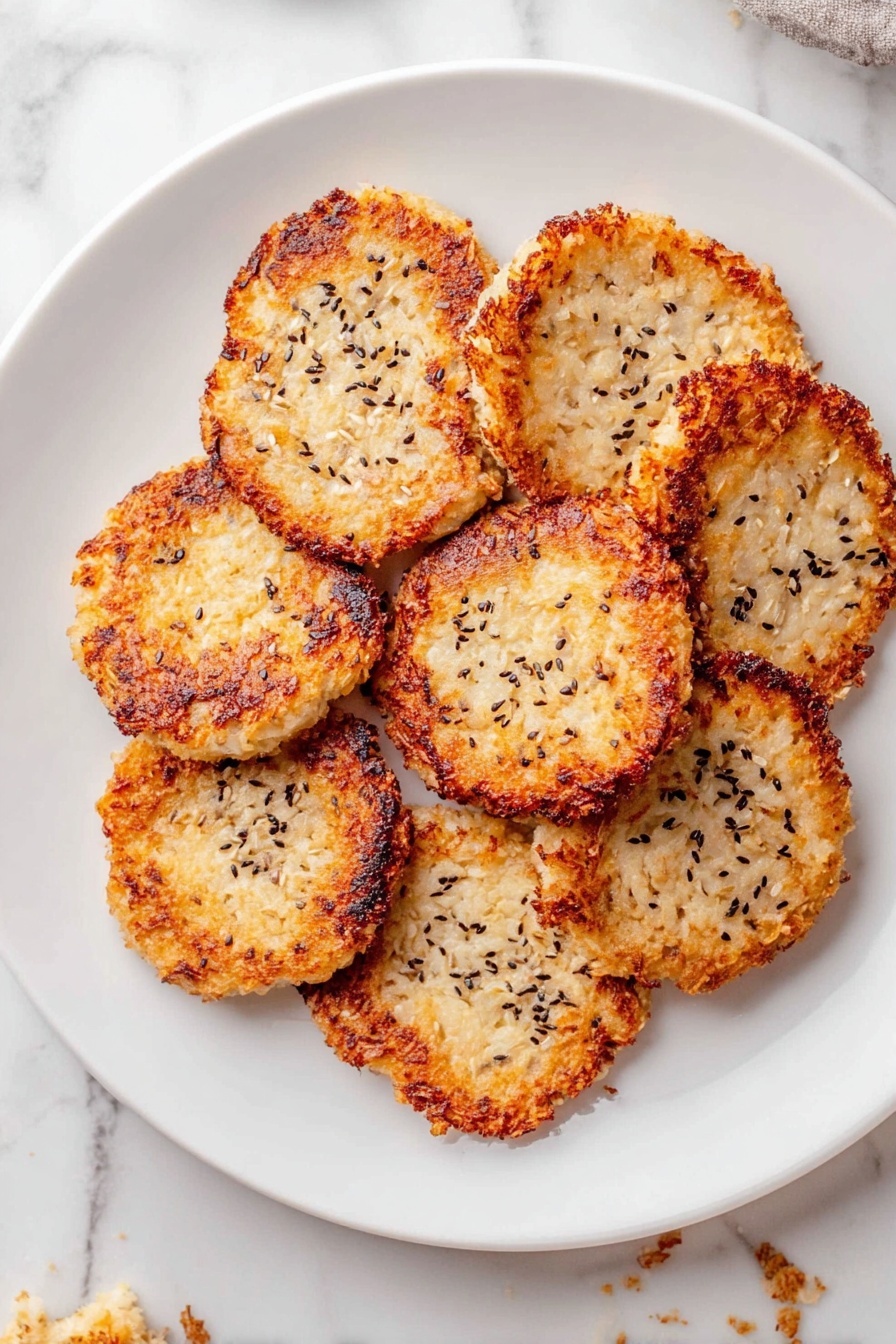 Cottage Cheese Chips, Healthy Protein Snacks, Crunchy Cottage Cheese Snacks, Easy Snack Recipes, Low-Calorie Snack Ideas - A white plate holds eight round, golden-brown patties arranged in a loose circle. Each patty has a crispy, browned edge that blends into a lighter, creamy center with visible grains or seeds inside. The tops have scattered black and white seeds, adding texture and contrast. The plate sits on a white marbled surface, and some small crumbs are visible nearby. Photo taken with an iphone --ar 2:3 --v 7