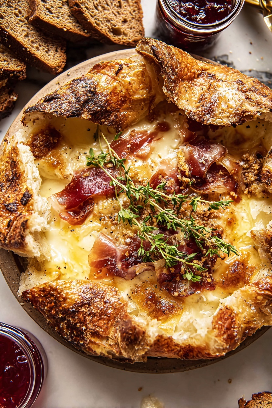 Prosciutto Baked Brie in Pastry, baked brie with prosciutto, easy appetizer with brie and prosciutto, puff pastry brie appetizer, elegant party appetizer - The image shows three golden brown, triangular pastries with a crunchy, textured crust sprinkled with coarse sugar on a white plate. The pastries are arranged in a small pile, with visible layers of flaky, light interior dough inside each triangle. Small green herb sprigs are placed on and around the pastries, adding color and freshness. Behind the pastries, there is a jar filled with red jam, and toasted slices of seeded bread are slightly visible in the background. The white marbled surface underneath complements the rustic, warm look of the food. A metal spatula with a wooden handle lies next to the plate, partially visible. Photo taken with an iphone --ar 2:3 --v 7