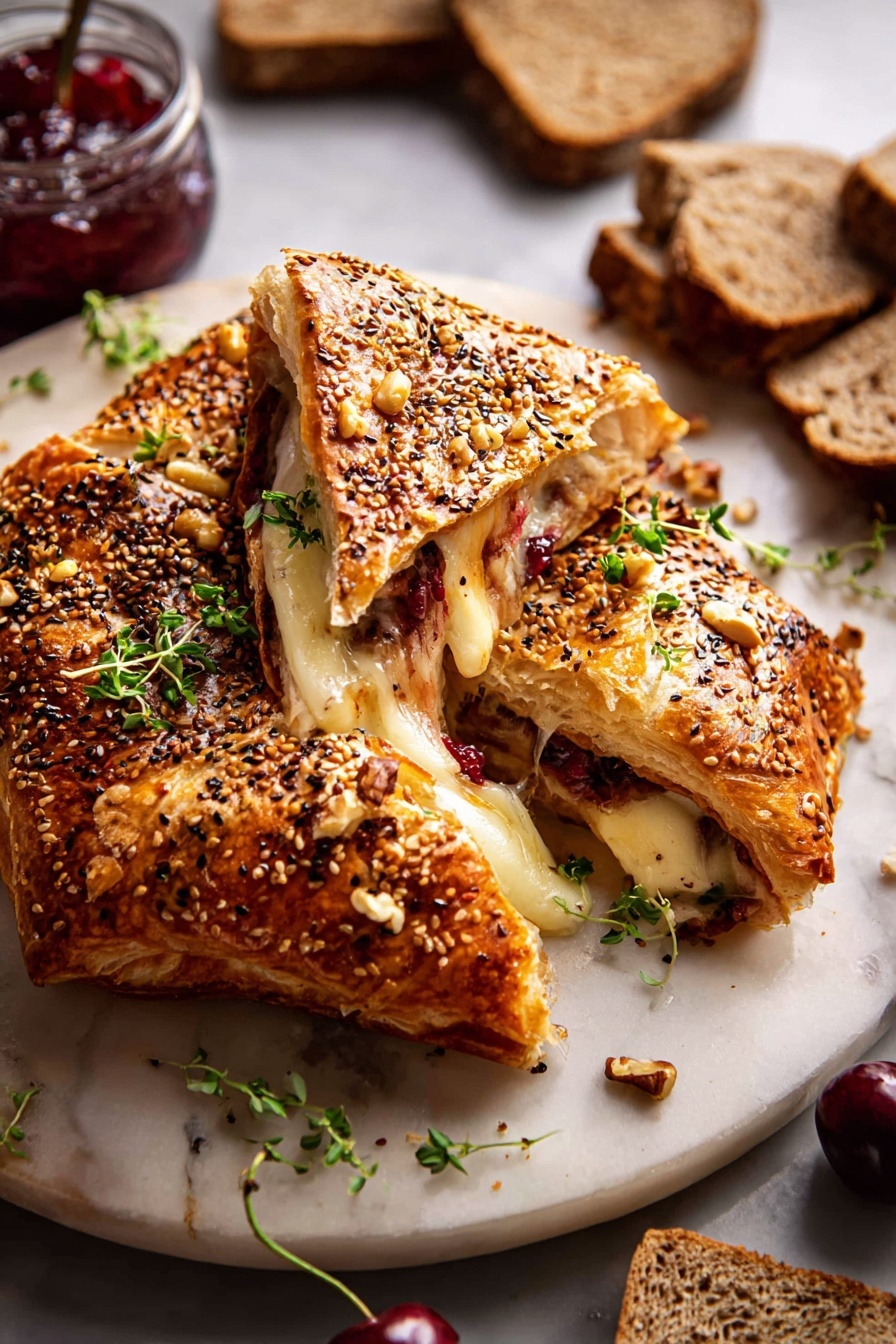 Prosciutto Baked Brie in Pastry, baked brie with prosciutto, easy appetizer with brie and prosciutto, puff pastry brie appetizer, elegant party appetizer - This image shows a golden puff pastry wrapped baked cheese, broken open to reveal layers inside. The outer layer is crispy and golden brown with small seeds sprinkled on top, decorated with small green herb leaves. Inside, the melted cheese is creamy pale yellow with stringy texture, and there are thin dark red slices of cured meat mixed with some whole nuts. The dish sits on a round white plate on a white marbled surface. Around the plate are slices of nut-studded dark grain bread and a small jar of deep red jam with a spoon, along with a few fresh cherries. photo taken with an iphone --ar 2:3 --v 7